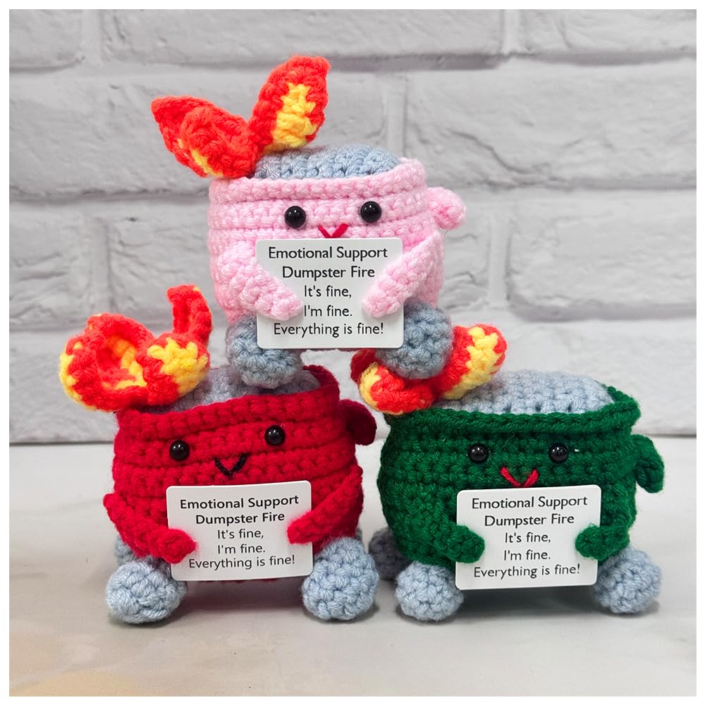 RovyFota Emotional Support Crochet Dumpster Fire with Positive Card Cute Room Decor Knitted Toys Funny Crochet Support Buddies Gifts for Friends (Green&amp;Pink&amp;Red)