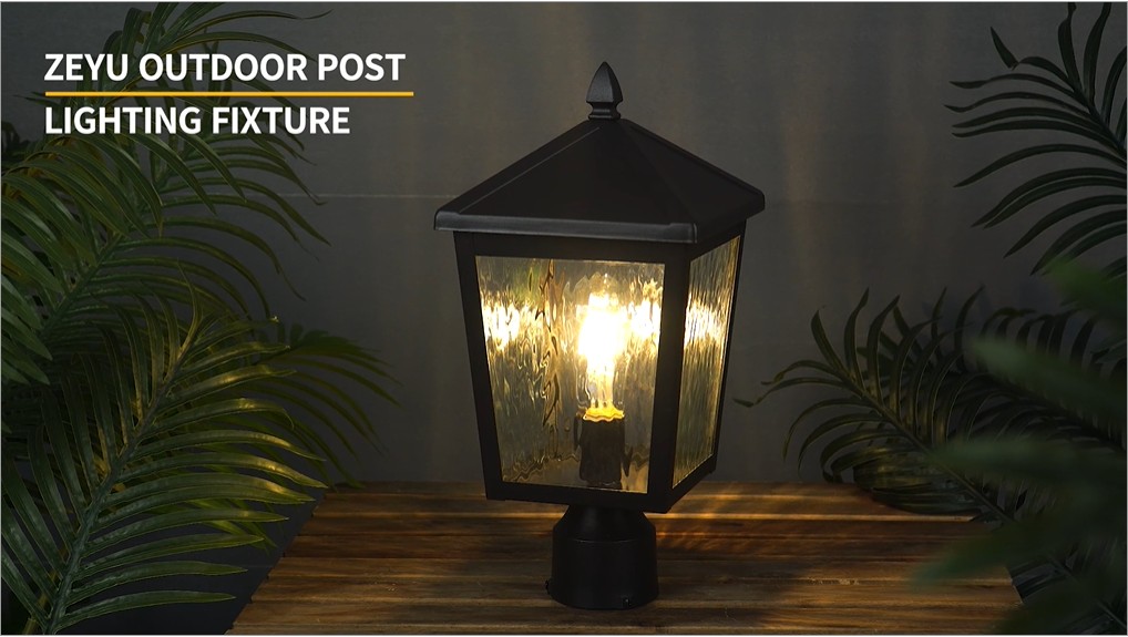 Image of zeyu Large Lamp Post Light Fixture, 16.1 Inch Outdoor Post Lamps for House Garden, Die-Cast Aluminum with Water Ripple Glass, Black Finish, 20076P BK-WP