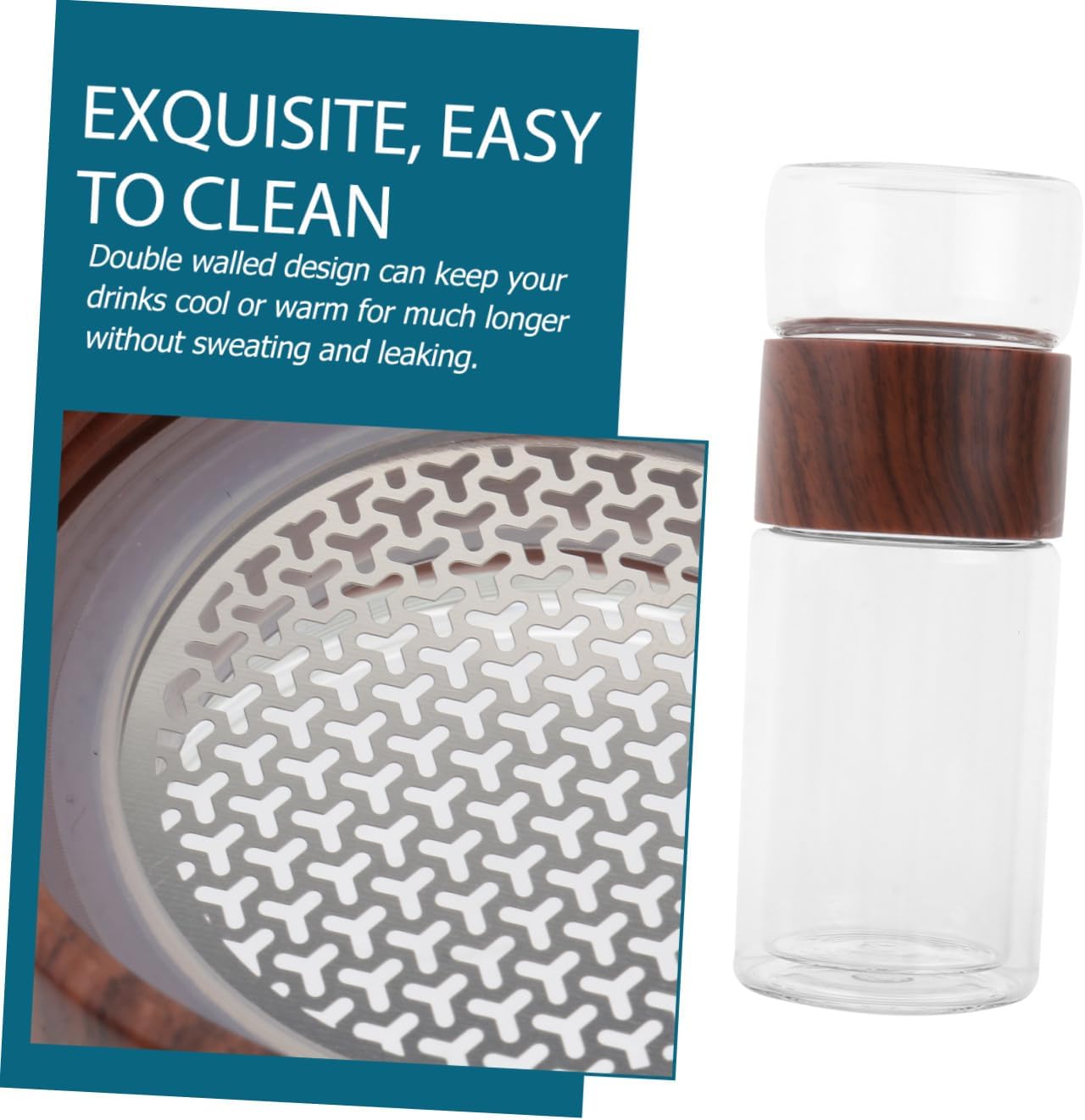 ARTIBETTER 300ml Double Wall Heat-resistant Glass Tea Infuser Cup with Wood Grain Design, Portable Glass Water Bottle for Tea Separation, Suitable for Travel and Office Use Random Color