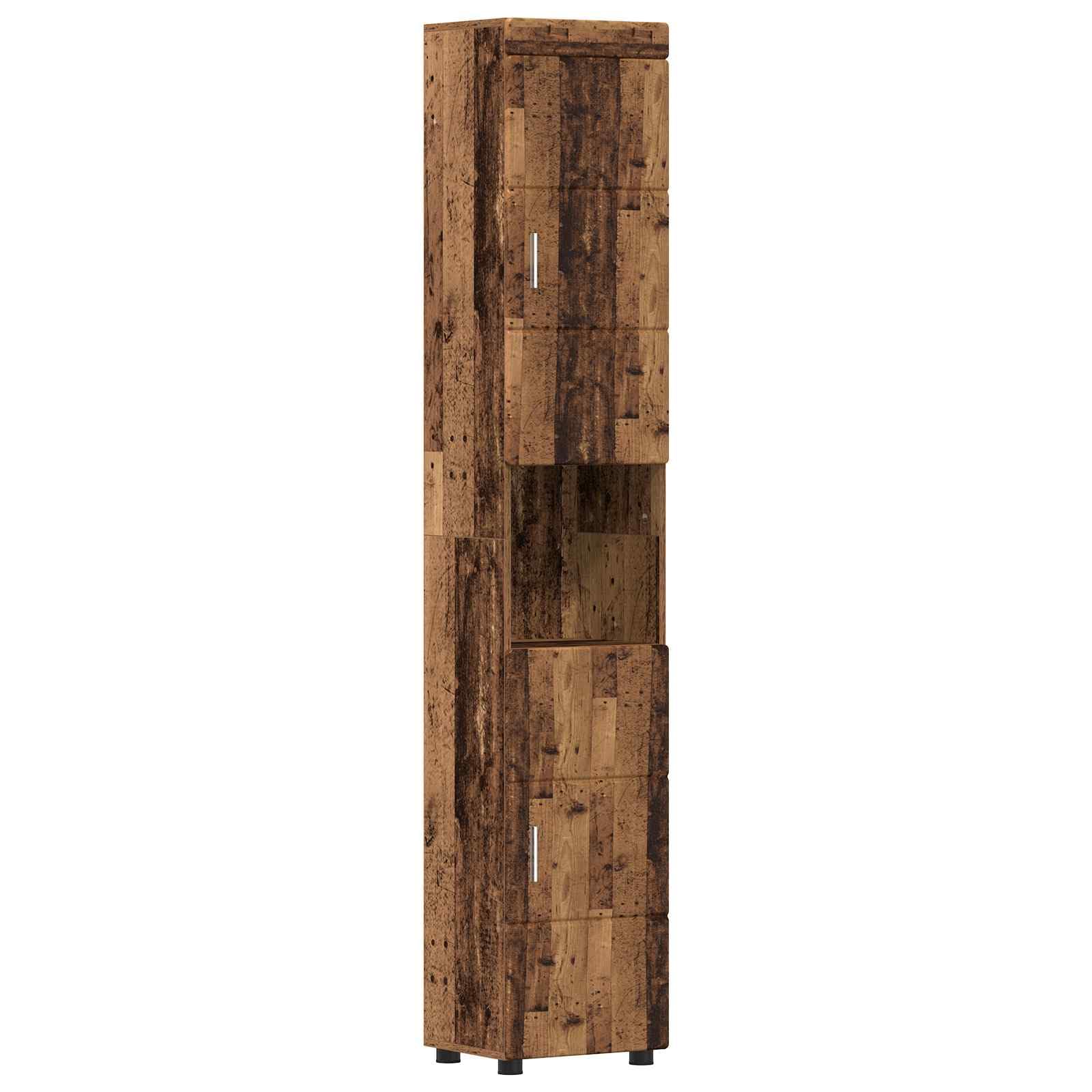 Armario de baño Tulum con aspecto de madera vieja, armario de baño estrecho de madera con acabado mate, estantería moderna con mucho espacio de almacenamiento, 37 x 31,5 x 203 cm