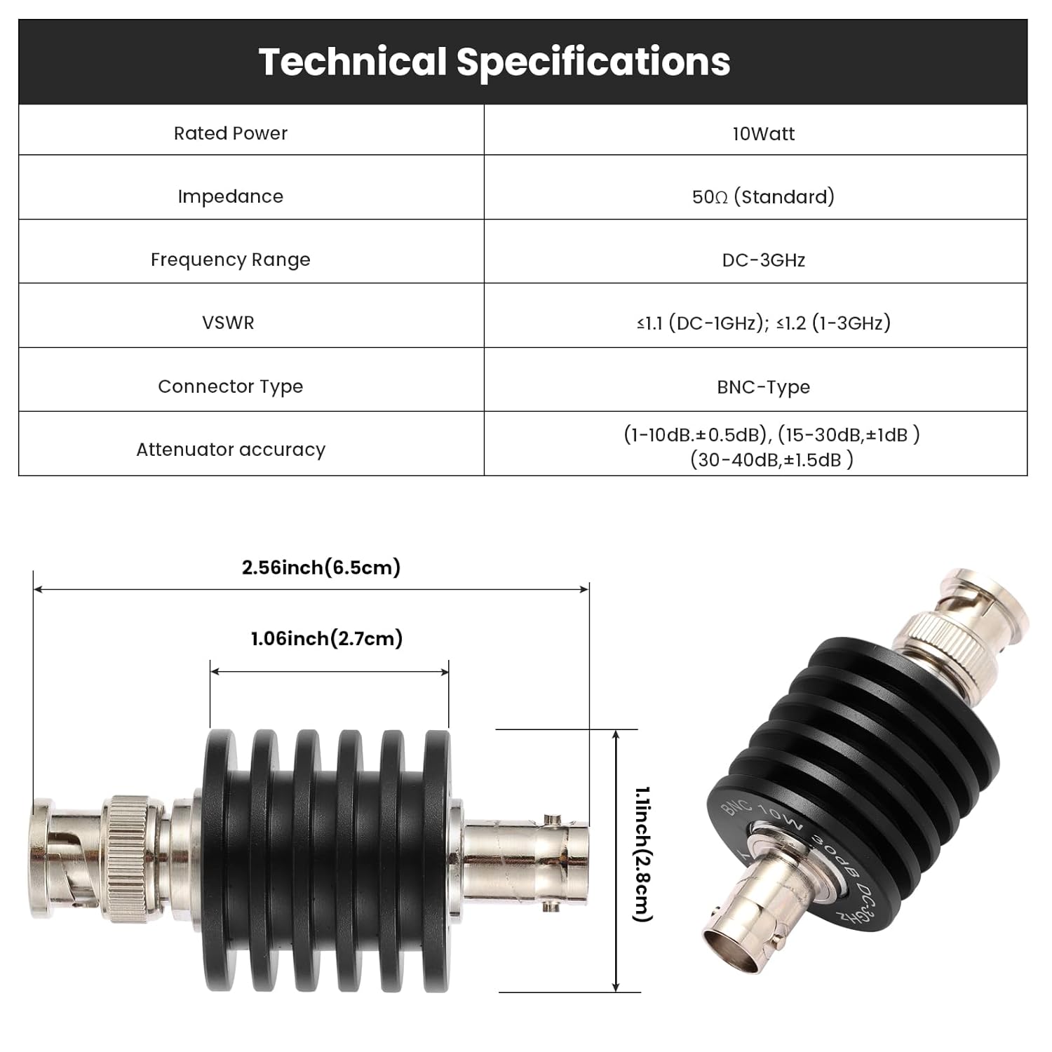 10Watt BNC RF Coaxial Attenuator, DC-3GHz 50 Ohm, High Power Precision Signal Control for RF Lab/Communication Systems/Test Equipment (40dB)
