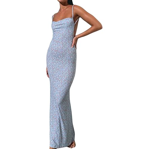 NUFIWI Women Floral Printed Spaghetti Strap Maxi Dress Y2K Low Cut Backless Long Dress Summer Streetwear Party Club