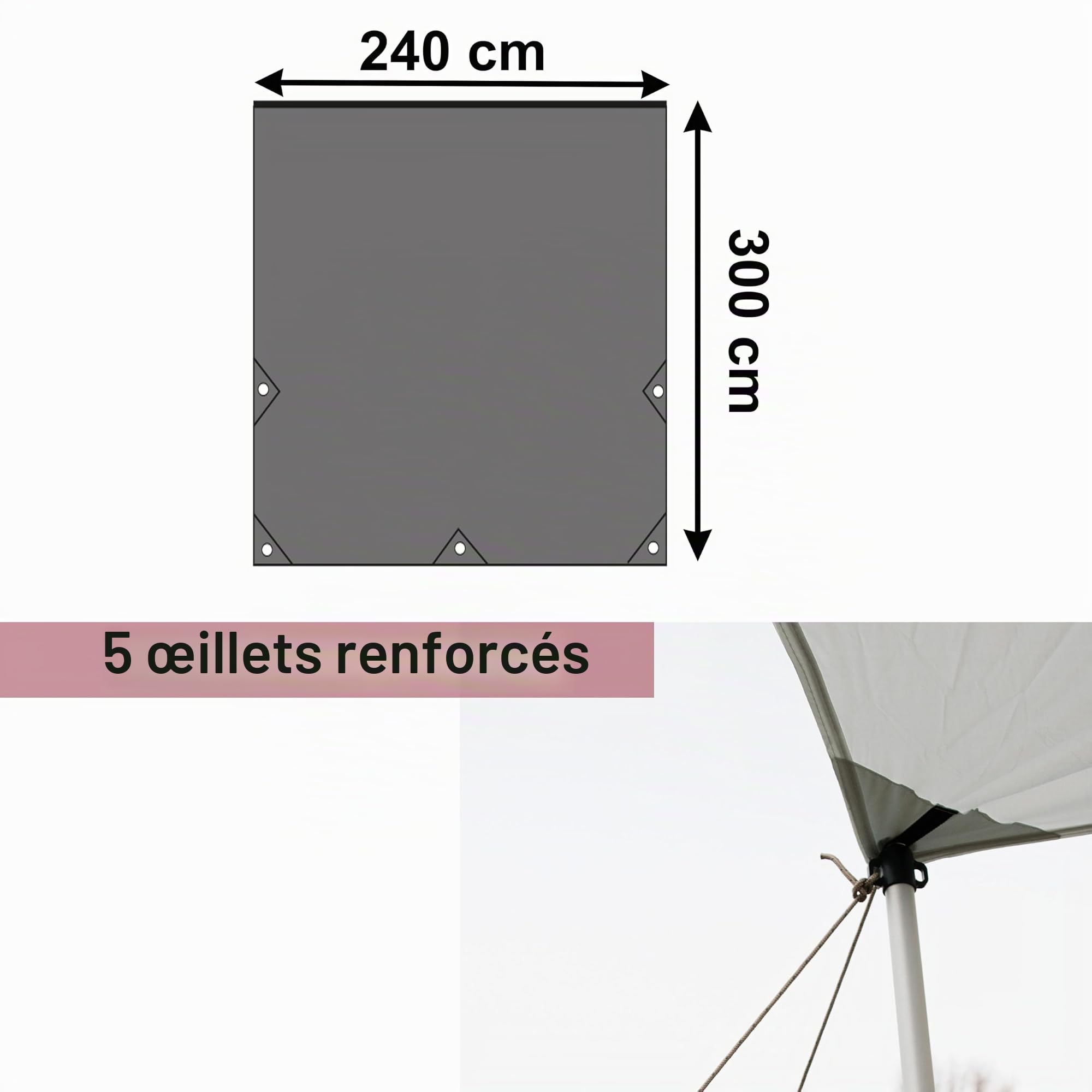 Voile d'ombrage 240 x 300 cm pour caravane, camping-car, auvent de camping, protection solaire, auvent de voyage, auvent de bus, 5000 mm, étanche