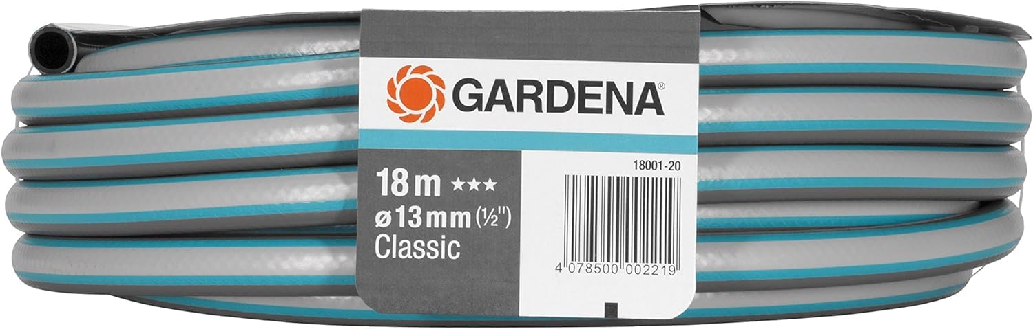 Gardena Classic wąż 13 mm (1/2"), 18 m, akcja: uniwersalny wąż ogrodowy, solidny oplot krzyżowy, ciśnienie rozrywające 22 bary, odporny na promieniowanie UV, bez elementów systemowych (18001-20)