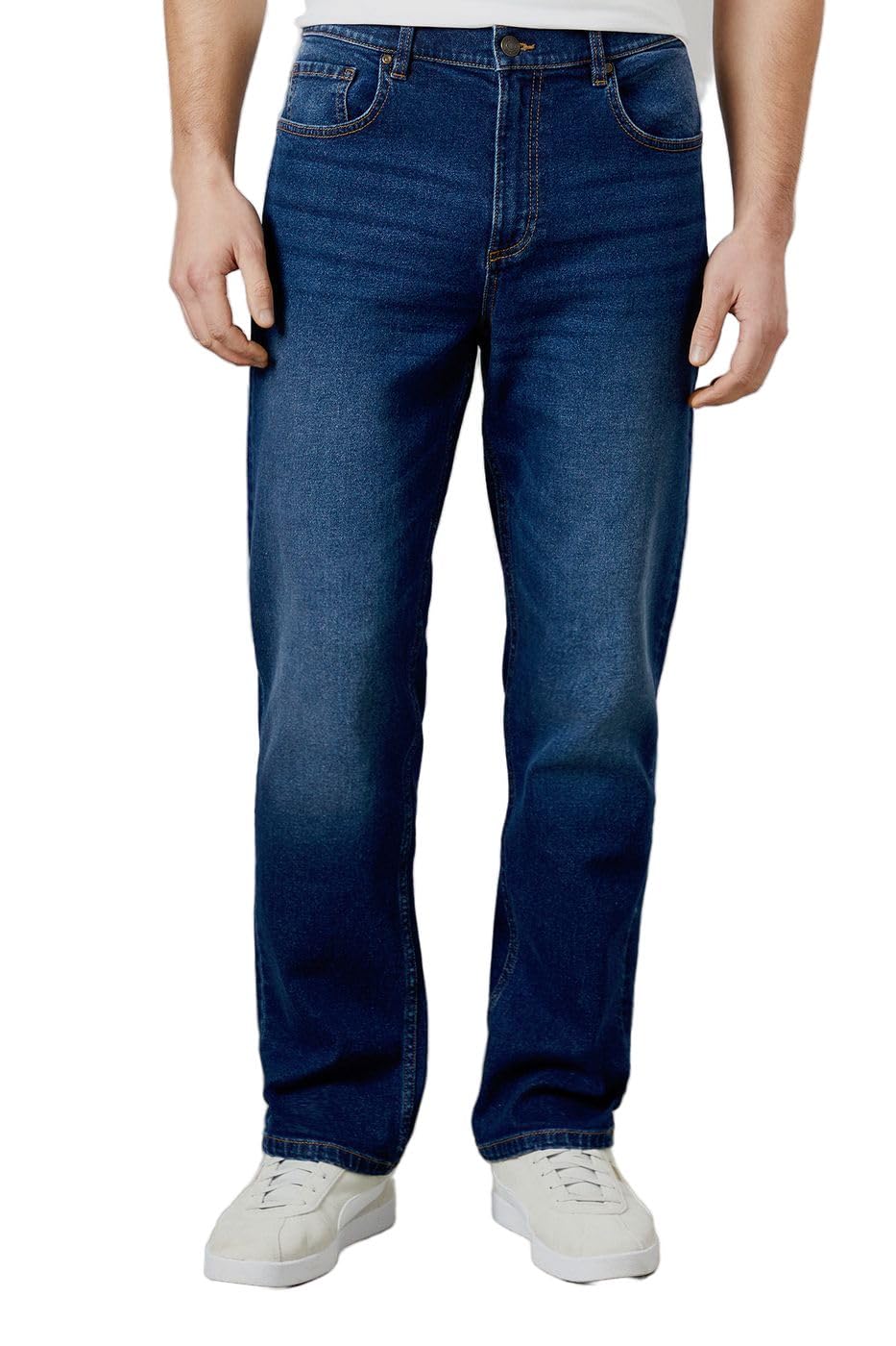 Debenhams Men's Dark Blue Dark Wash Premium Stretch Straight Fit Jeans In | Size: 42R