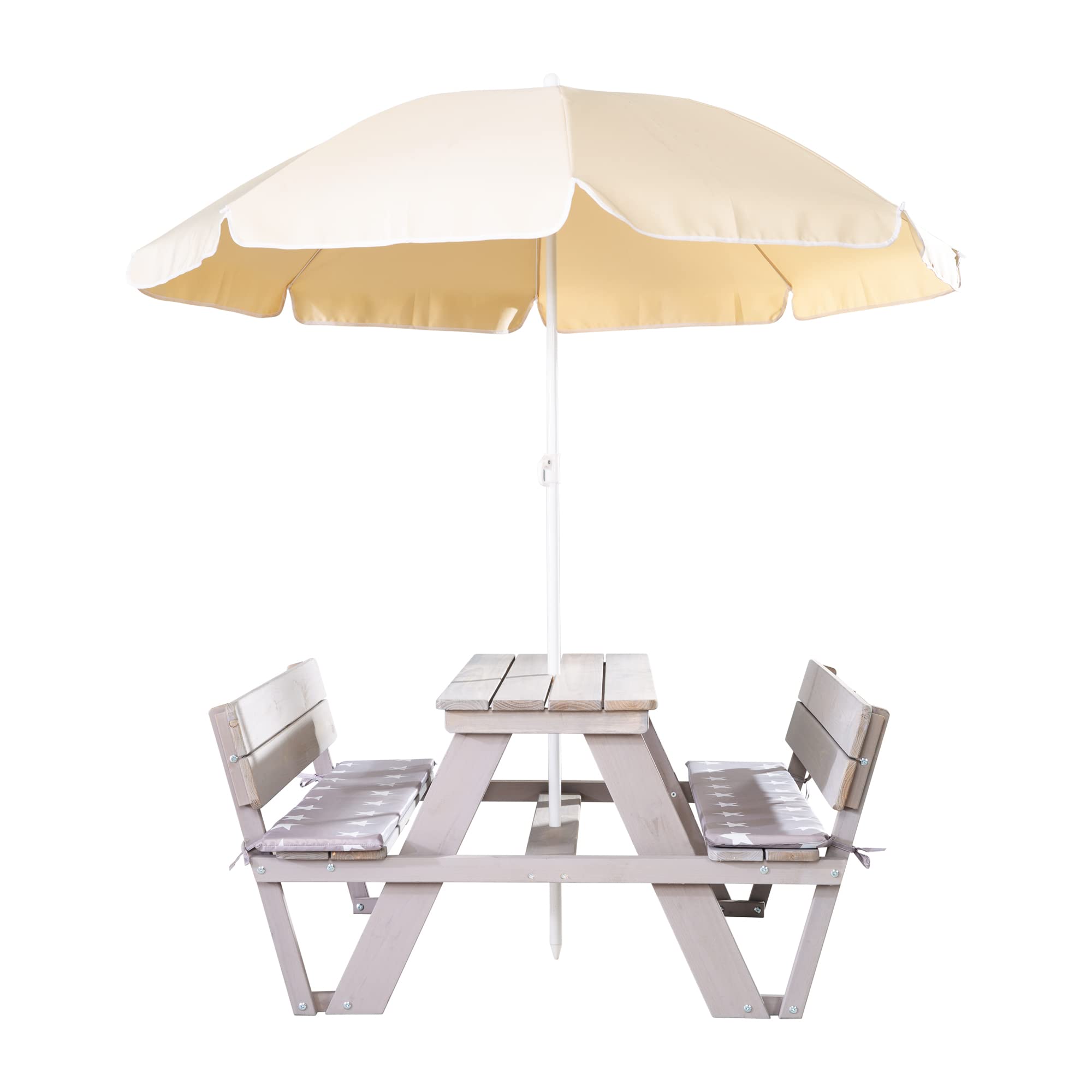 roba Table Pique-nique Enfants Outdoor + avec Dossier - Bois Massif + Coussins - Table d'Extérieur 4 places - Gris