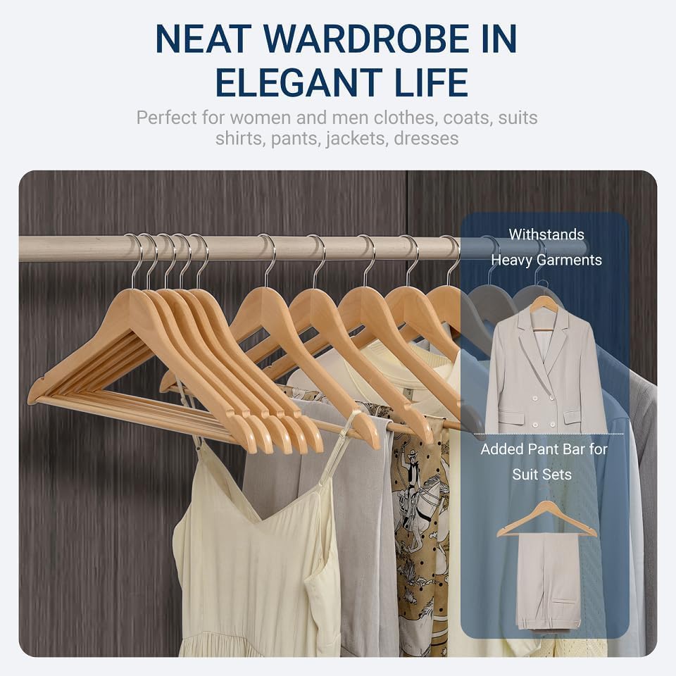 Ash & Roh-Solid Wood Natural Finish Garment Hangers with Non-Slip Bar and Precisely Cut Notches, 360 Degree Swivel Chrome Hook, Hanger, Hangers for Clothes, Cloth Hanger 1
