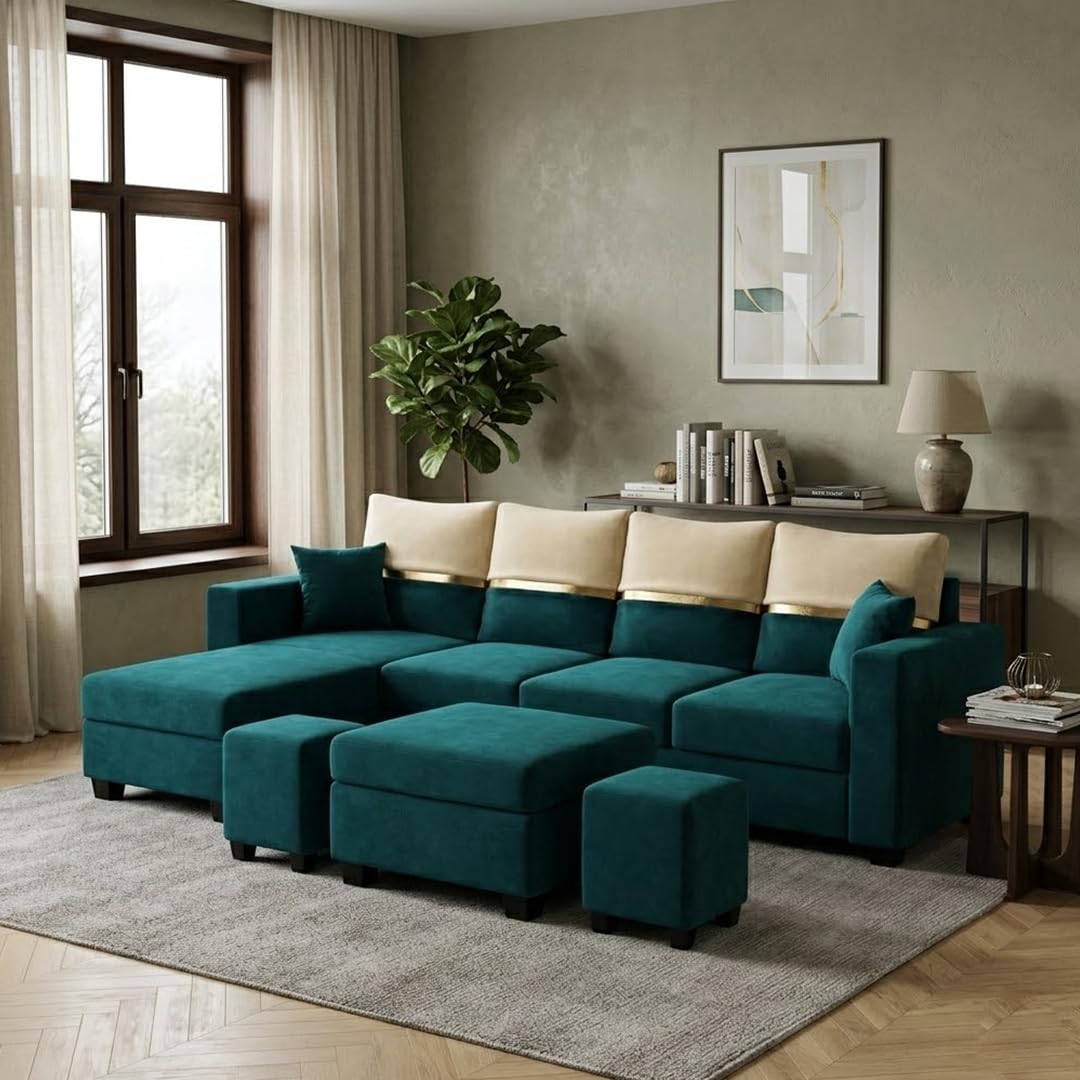 FURNY Arnoy 8 Seater Fabric LHS L Shape Sofa Set with 1 Centre Table & 2 Puffy (Greenish Teal) Premium Velvet Finish | Durable & Comfortable | Ideal for Living Room