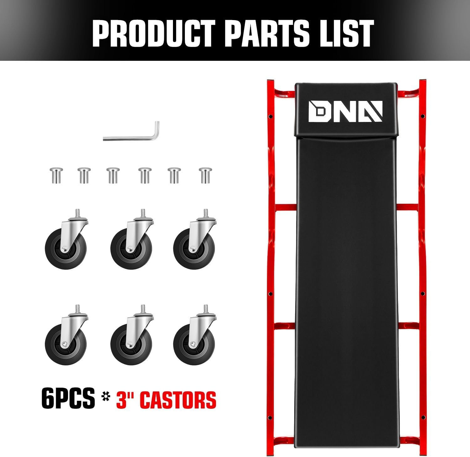 DNA Motoring 40inch Low Profile Plastic Rolling Garage Shop Creeper, Heavy Duty Creeper for Garage, Warehouse, Car Repair Shop, TOOLS-00638-BK-RD