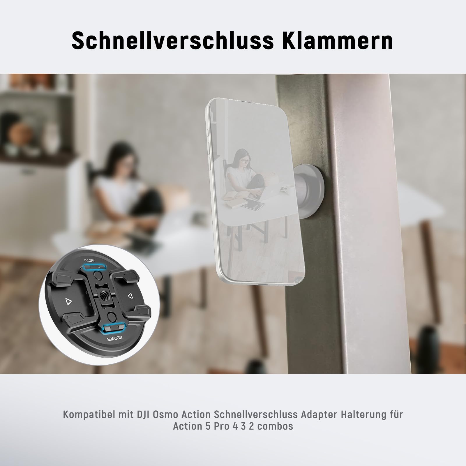 NEEWER Magnetische Handy Stativ Halterung mit Action Kamera Adapter, Cold Shoe mit Anti Off Pin 1/4Gewinde, kompatibel mit MagSafe iPhone 16 15 14 13 12 Serie DJI Schnellwechsel Adapter Mount, PA070