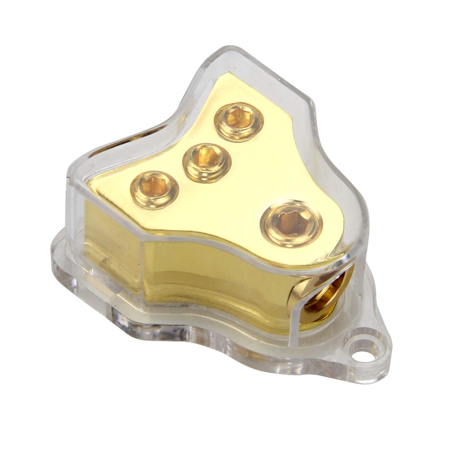 RKURCK 3 Way Copper Power Distribution Block, 0/2/4 AWG Gauge in, 4/8/10 Gauge Out, Car Audio Stereo Amp Distribution Connecting Block for Audio