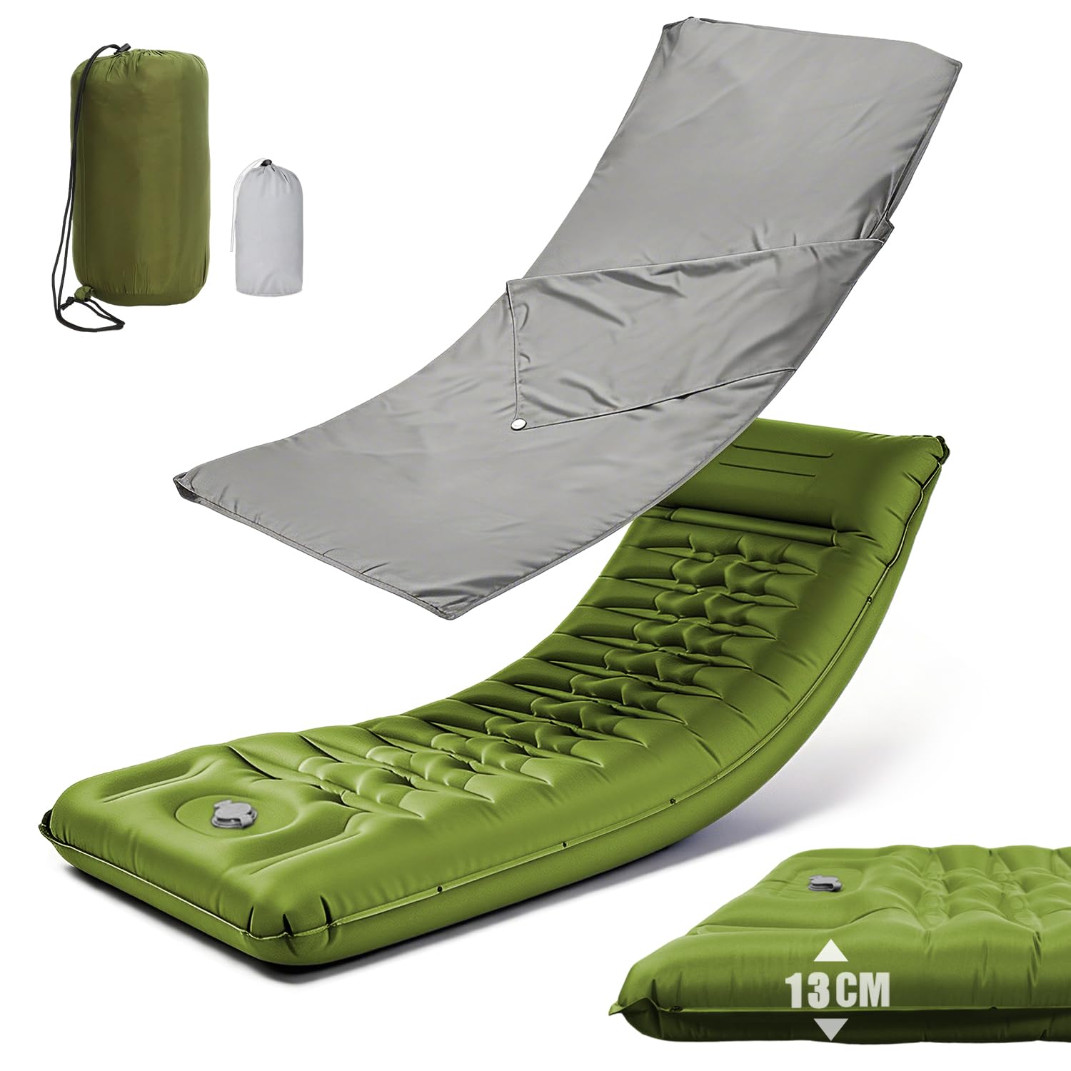 Colchoneta de dormir para acampar, 13 cm mejorada con bomba integrada, colchón inflable ultraligero, almohadilla de dormir para acampar al aire libre, mochileros, senderismo, viajes (verde