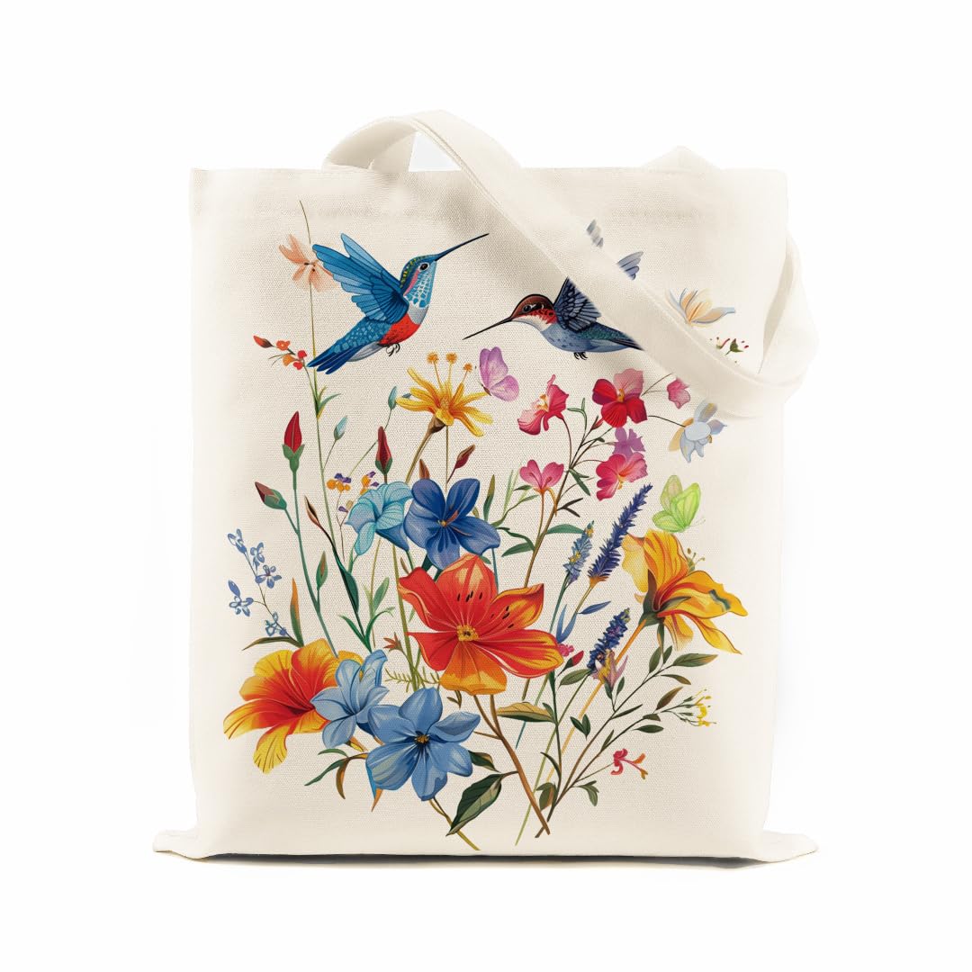 Odebyata Hummingbird Flower Tote Bag, Aesthetic Canvas Spring Flower Shoulder Grocery Book Tote Bag for Woman Man