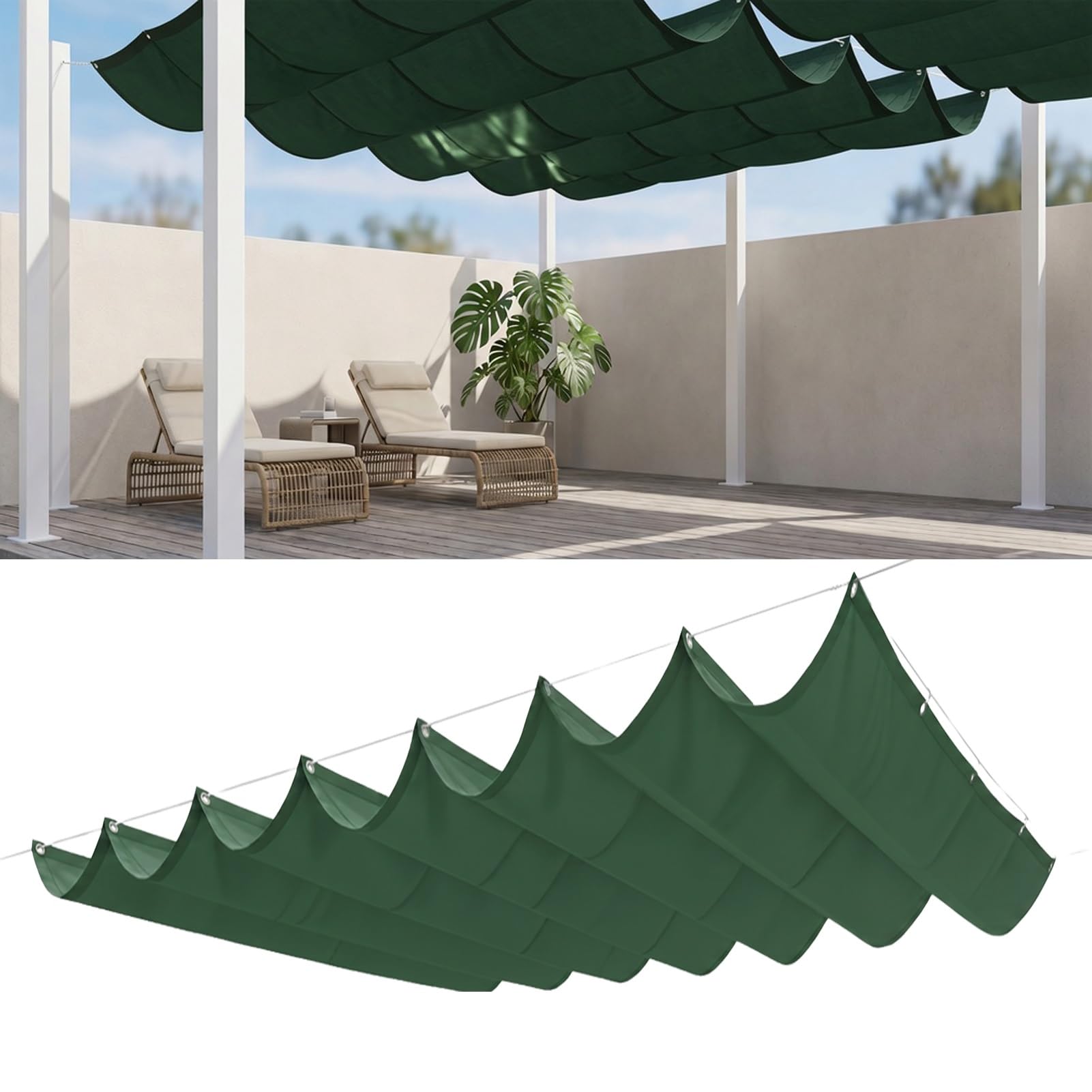Retractable Wave Sun Shade Sail 2 x 2.5 m Adjustable Retractable Pergola Shade Weather Resistant Durable Sun Shades for Deck Lawn Garden Pool, Dark Green — image 1