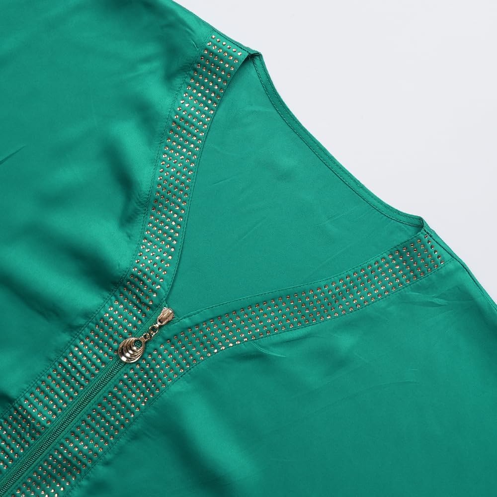 HD Front Zip Caftan Dress for Woman Rhinestone V Neck Kaftan Casual Gown - Image 4