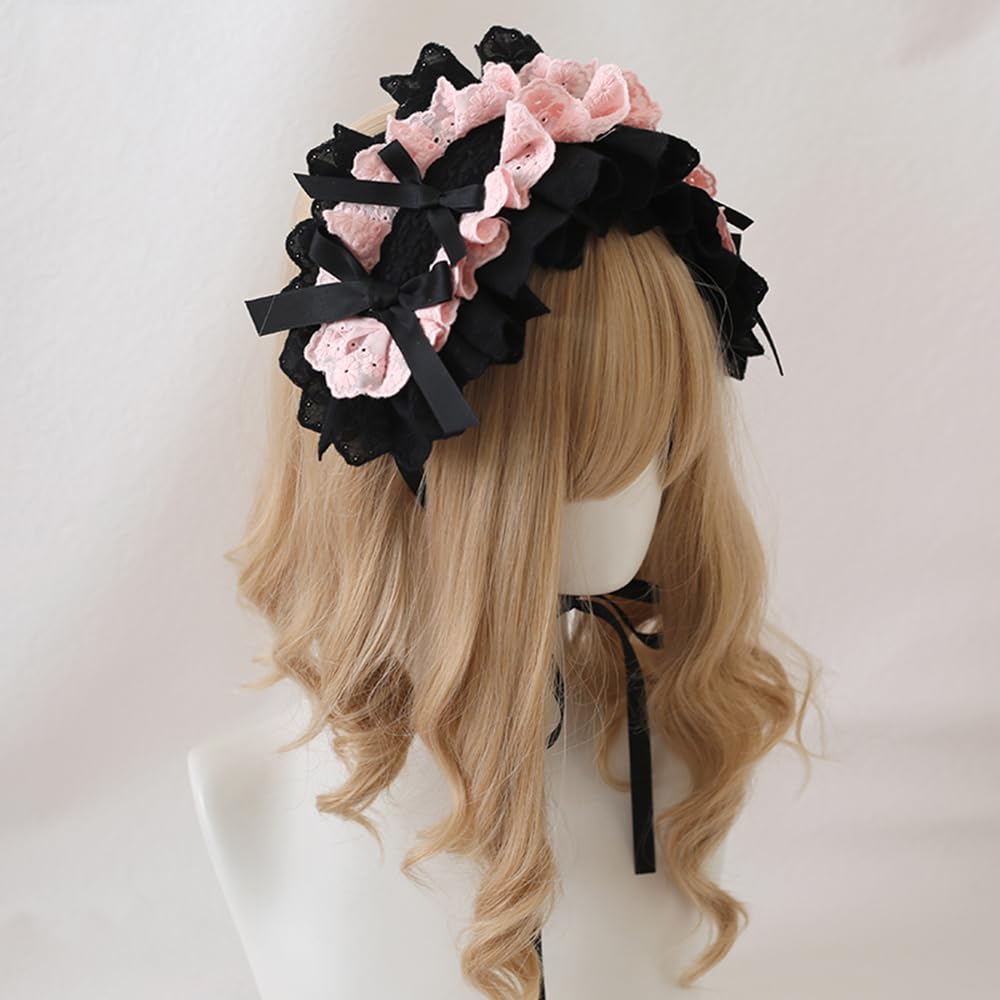 Fascia per capelli con fiocco in pizzo nero carino fatto a mano originale Harajuku Lola  200000532