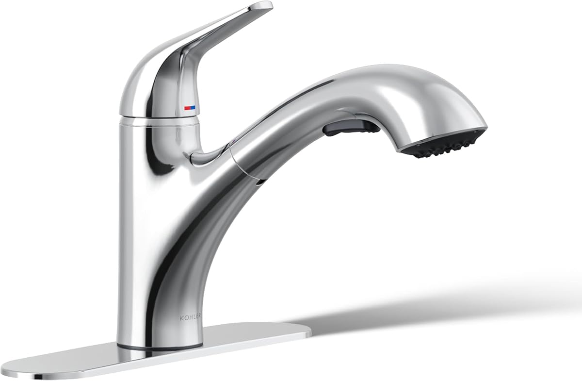 Grifo para fregadero de cocina KOHLER 30612-CP Jolt Pull-Out, cabezal rociador de dos funciones, control táctil, 1,5 GPM, diseño elegante, cromo pulido