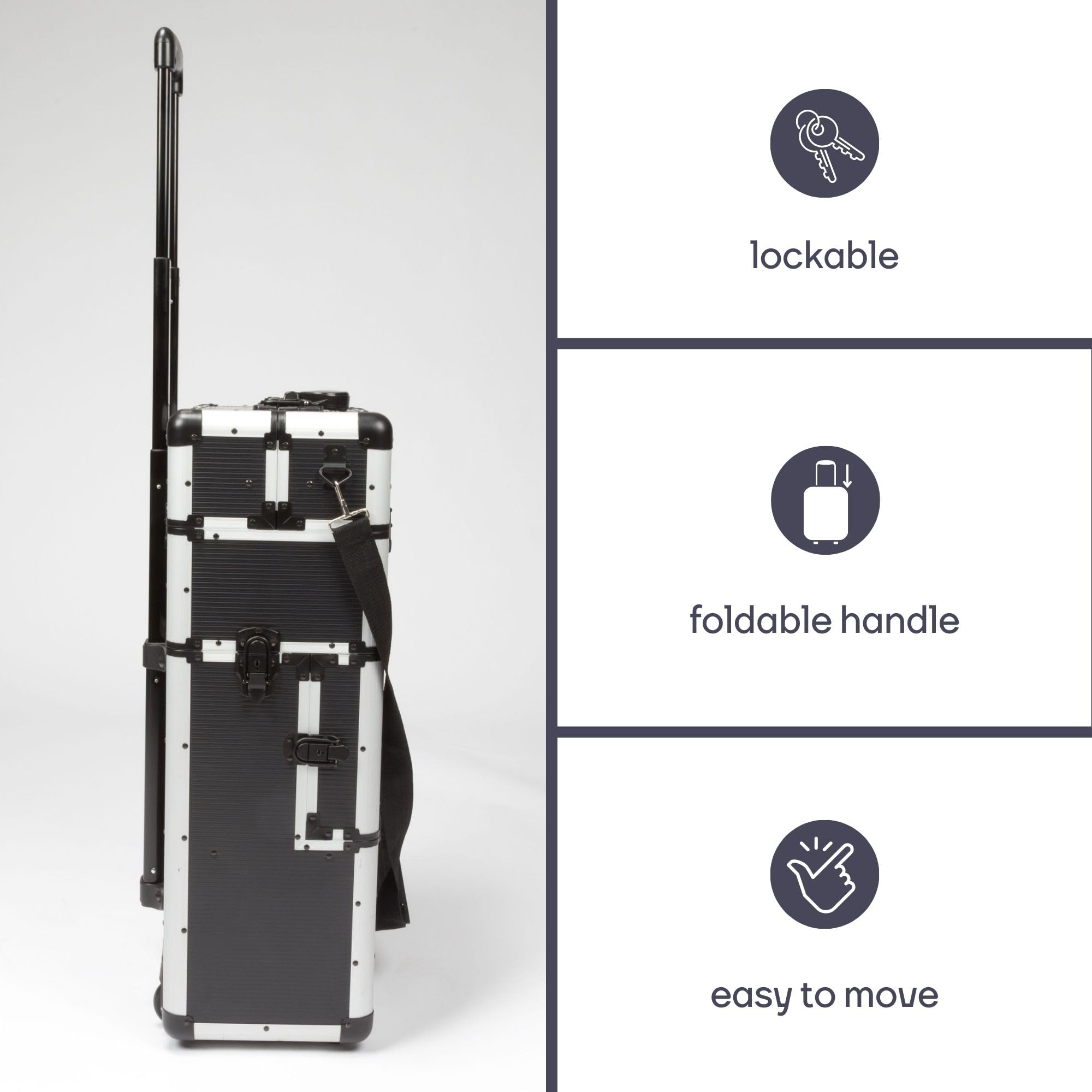 Perel Maletín de herramientas con ruedas aluminio negro, trolley con mango telescópico, 3 compartimentos con organizador y bandeja interior, cerradura con 2 llaves, 370 x 225 x 670 mm, 66,9 l