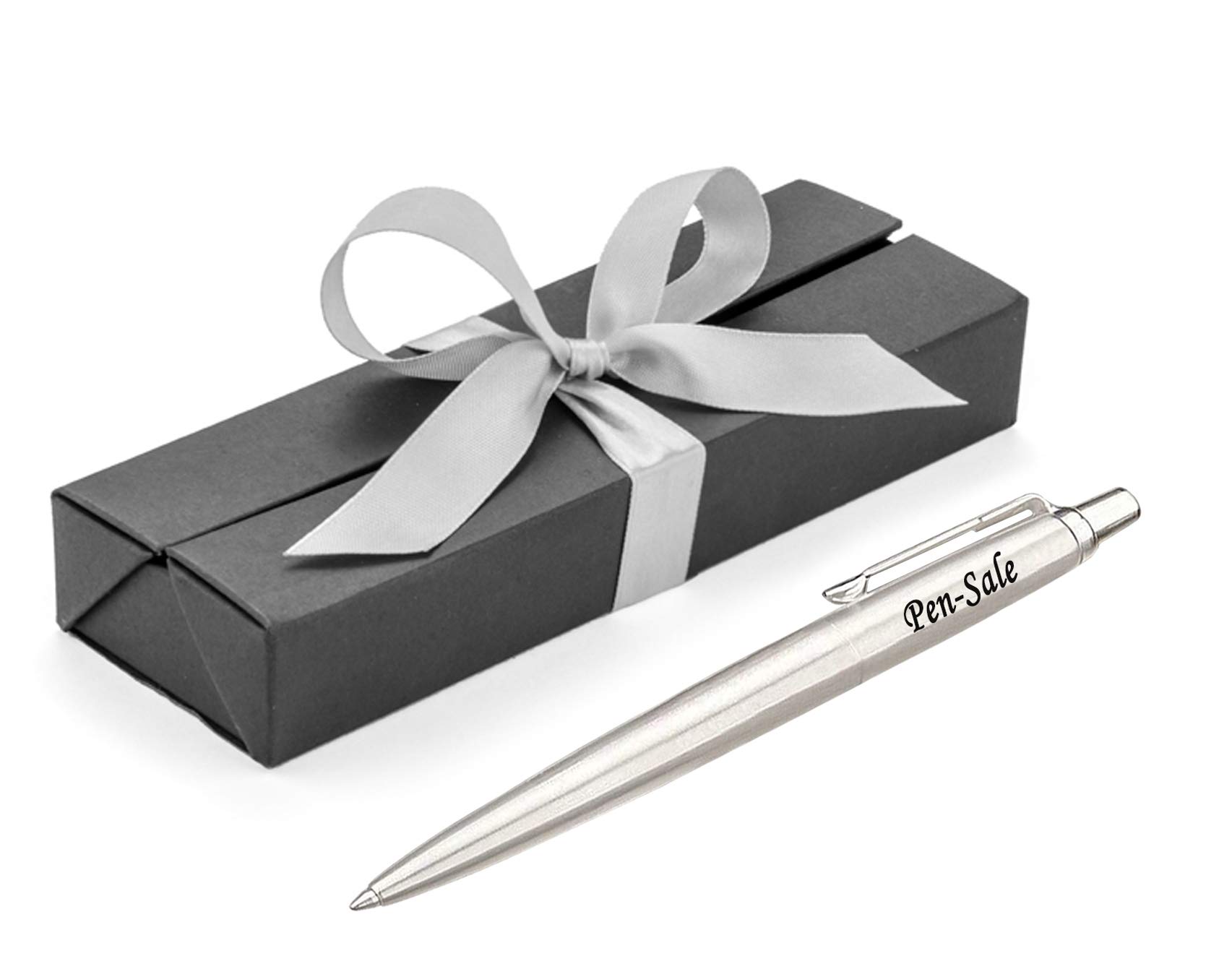 Personalised Engraved Parker Jotter Stainless Steel Ballpoint Pen in a Black Box with Silver Ribbon, Black ink, Custom Gifts for Christmas - Enter Your Custom Engraving