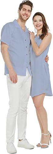 Vestido camisero de lino hawaiano Luau a juego para parejas en colores sólidos