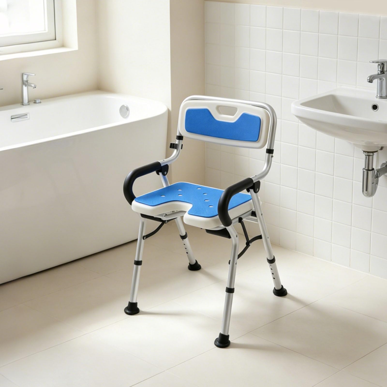 Silla de ducha para personas mayores, altura regulable, taburete de ducha hasta 150 kg, 40 x 34 cm | Silla de baño plegable con agujeros de drenaje y soporte de cabezal de ducha plástico, aleación de aluminio