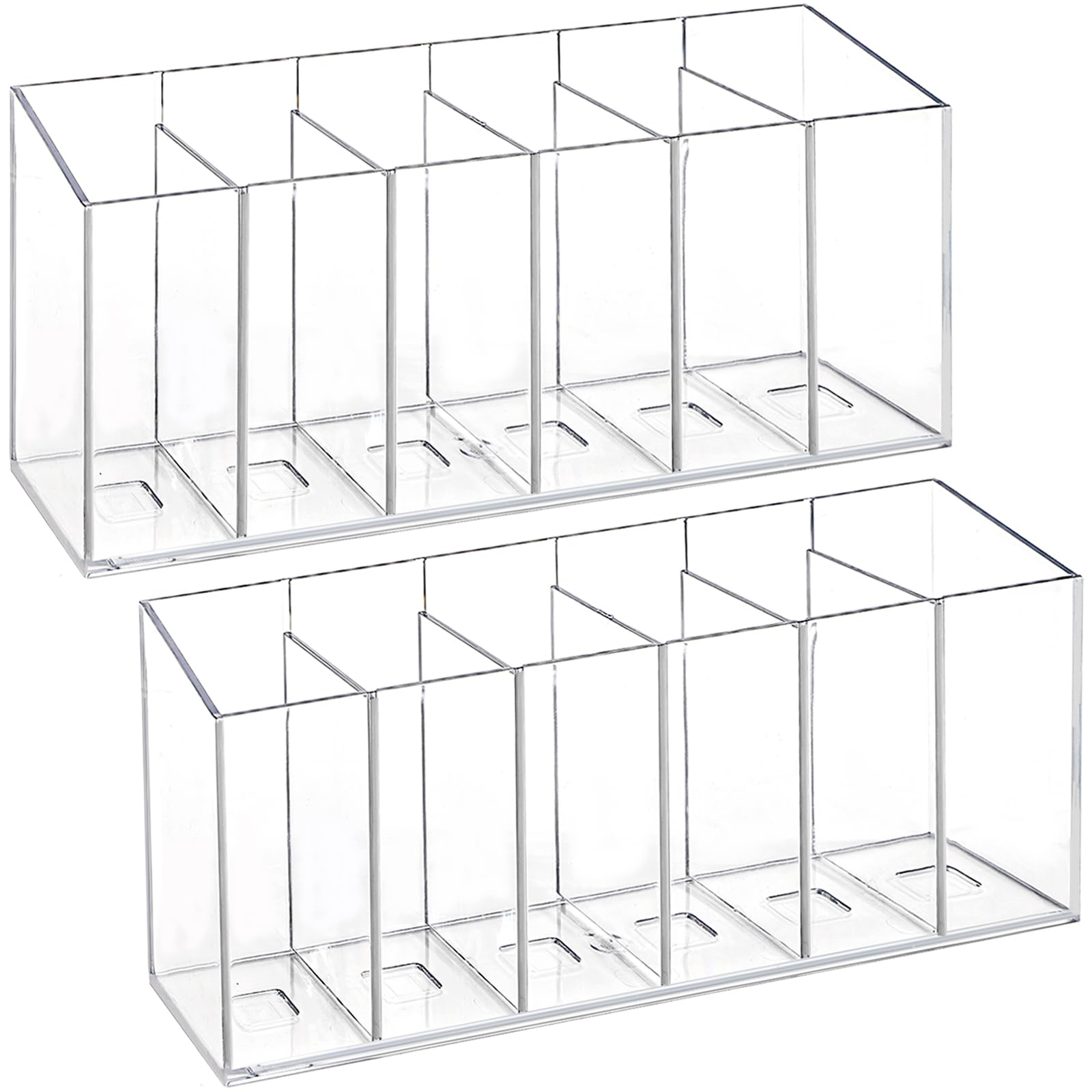 Hacaroa 2 Pack Acrylic Pen Holder 6 Compartments, Clear Makeup Brush Organizer with Removable Dividers, Acrylic Boomark Cosmetic Brush Holder for Eyebrow Pencils, Markers, Office Desk, Vanity