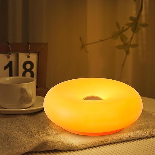 Miniatura 1 de Lámpara de mesa con forma de dona, lámparas creativas de ambiente de dona naranja con pantalla de plástico, luz de mesa retro moderna, lámpara de