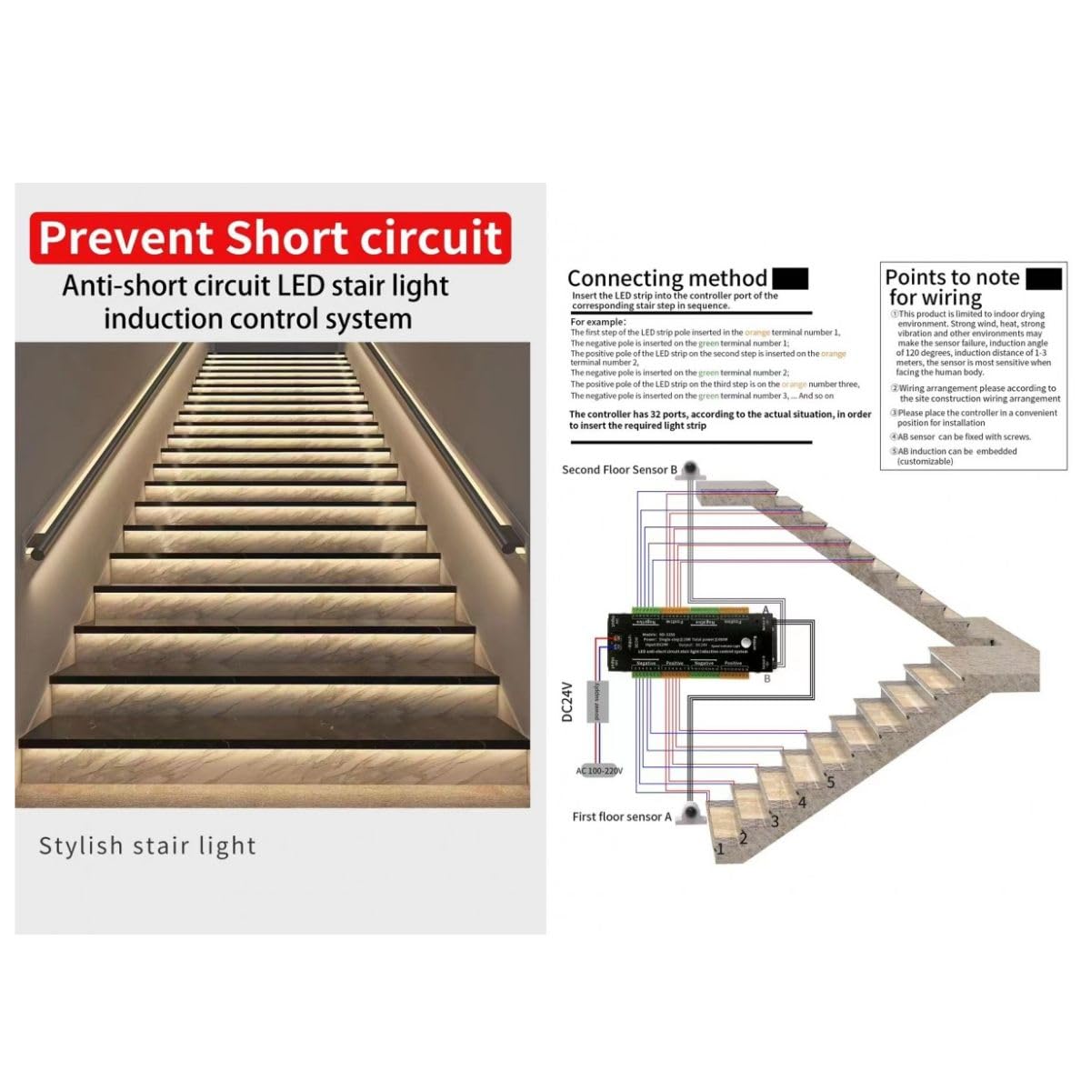 Jandei – Controlador para Tiras LED 24V Efecto Especial “Escalera”, 2 Sensores de Presencia y Botón Regulador de Velocidad. Admite hasta 32 Conexiones (máximo 15W cada Salida)