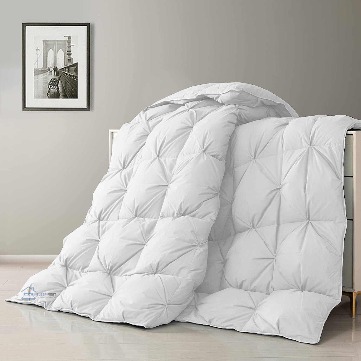 SLEEP-NEST 1000TC XL King Comforter Oversized 138x122 Inch Pinch Pleated Duvet Insert with 8 Corner tabs 1 Piece All Season Down Alternative 500 GSM Medium Warm Oversized Quilts Breathable, White
