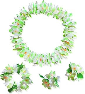 Hawaiian Luau Flower Leis Necklace Headband Bracelets Set,Perfect Luau Party Supplies for Summer Beach Vacations, Essential Party Decorations for Birthday, Graduation, and Wedding Celebrations (Green)