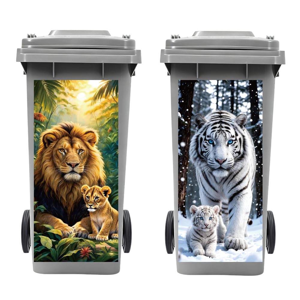 Peacoblue 2Pcs Wheelie Bin Stickers Jungle Animal Family for Dustbin Decor