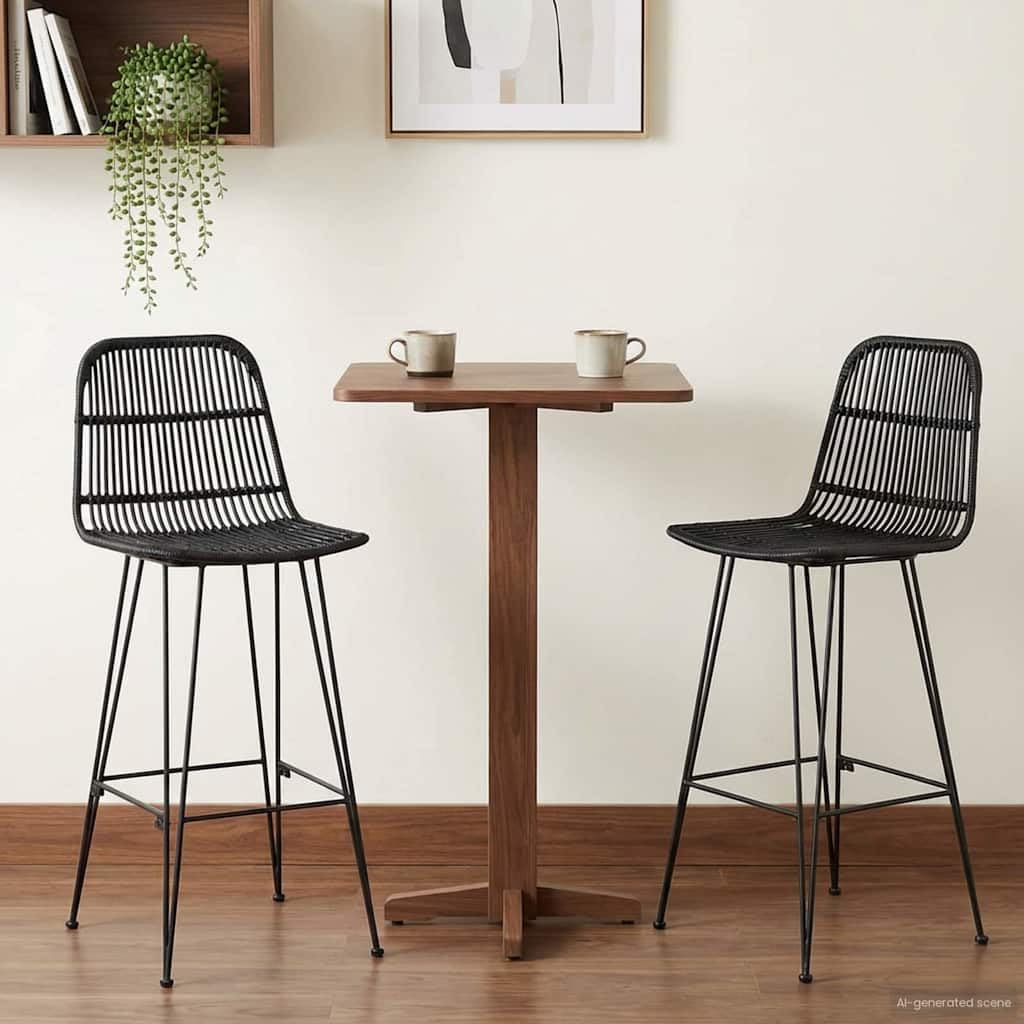 Tabourets de bar noirs en rotin et acier lot de 2 chaises hautes de cuisine de 109 cm