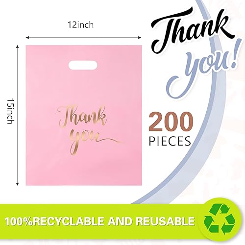 Miniatura 2 de 200 bolsas de agradecimiento de plástico rosa para pequeñas empresas, bolsas de regalo de plástico con asas y logotipo dorado de agradecimiento para