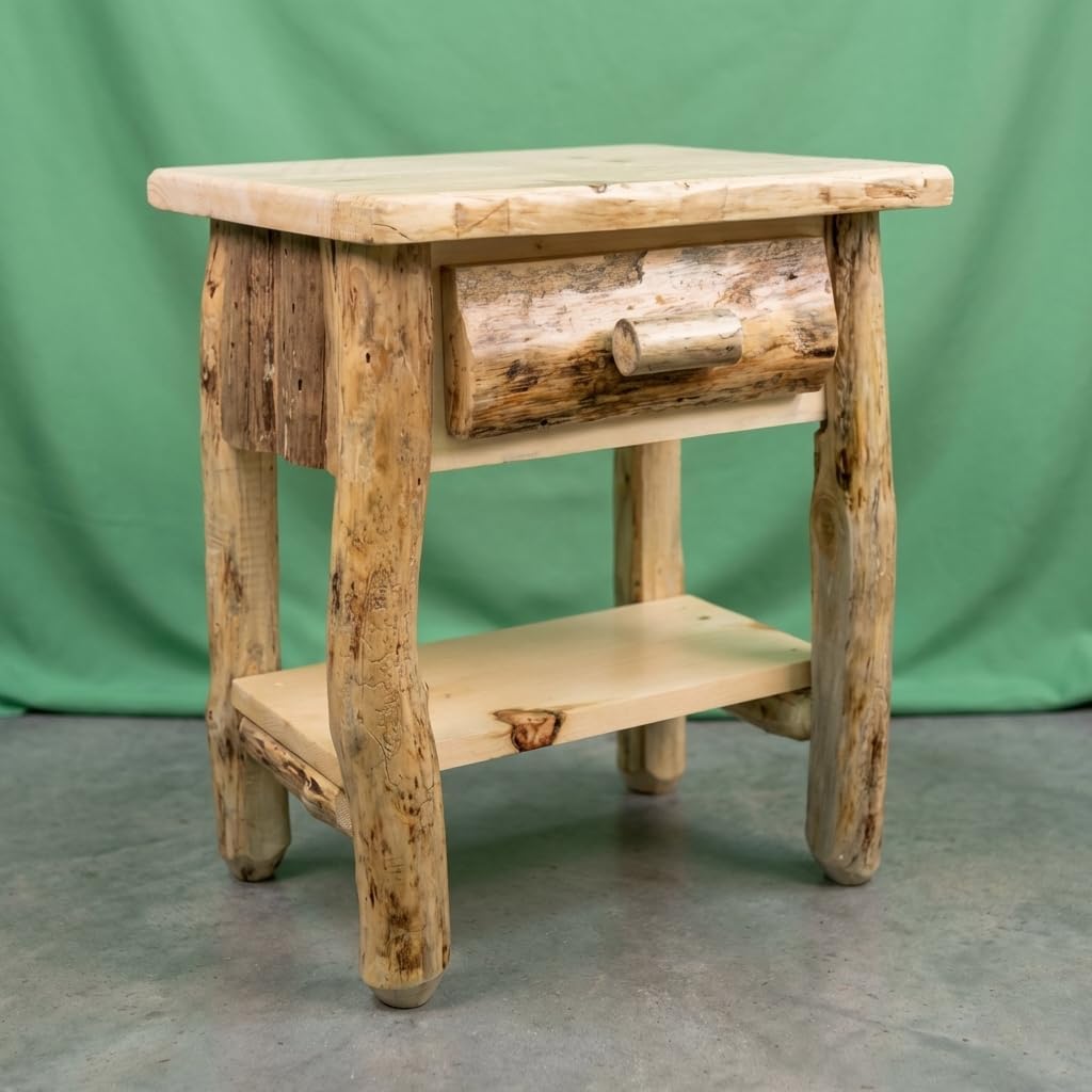 Log Nightstand [1 Drawer] - Rustic Pine/Textured Light & Dark Brown/Dovetailed/Solid Wood/Amish Handcrafted in USA