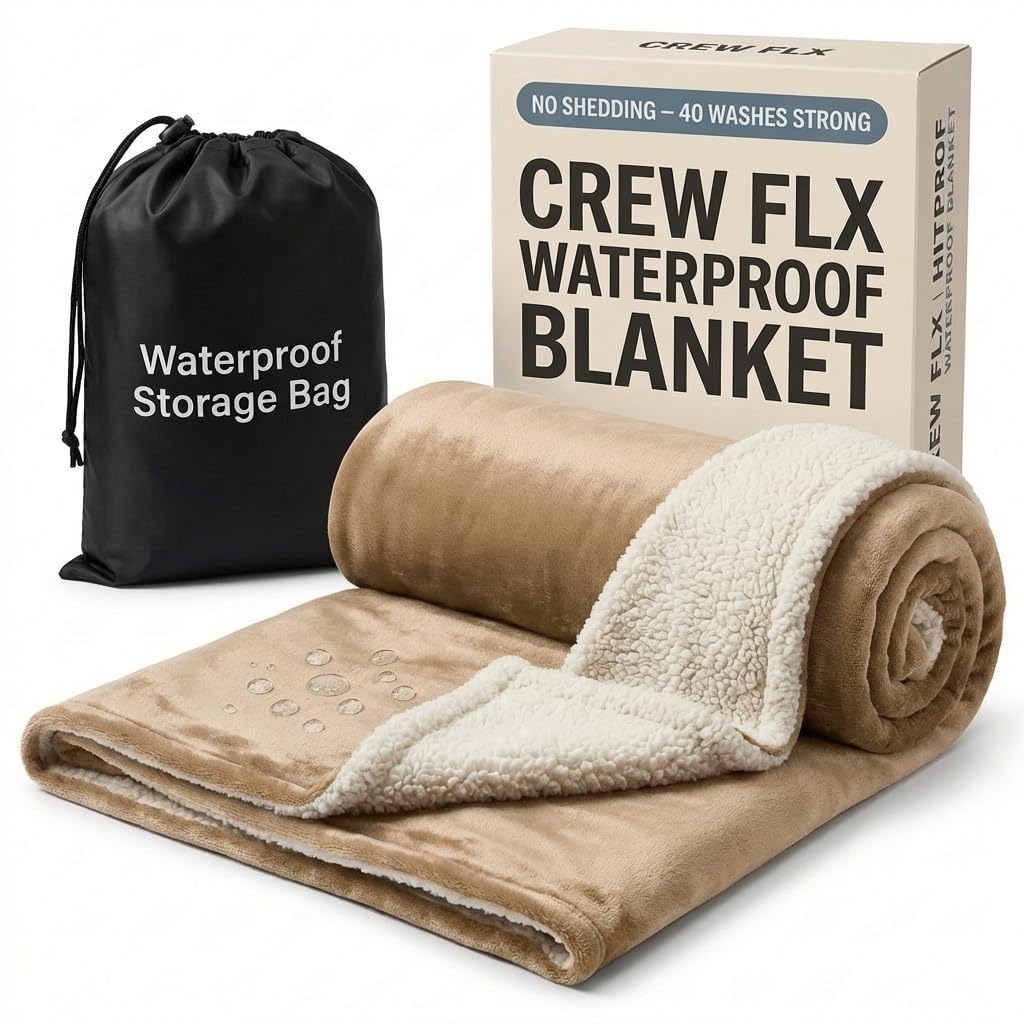 CREW FLX Waterproof Blanket for Bed Intimacy (80"x 60" Queen Size) Reversible Fleece | Sherpa, Love Blanket, Water Proof TPU Stain Proof Couch Furniture Mattress Winter Large Dog Bed Cover - Gray: Beige Sherpa Fleece 80 x 60 inch