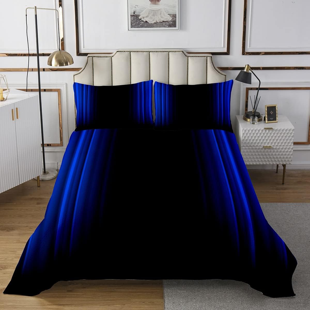 Geometric Abstract Ombre Bedspread Kids Teens Dark Blue and Black Striped Coverlet Set Decor Modern Fashion Quilted Bedroom Collection 3Pcs Queen Size