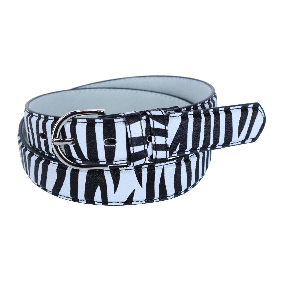 Ctm Women's Black & White Leather 28.5 Mm Zebra Print Dress Belt, Xlarge,
