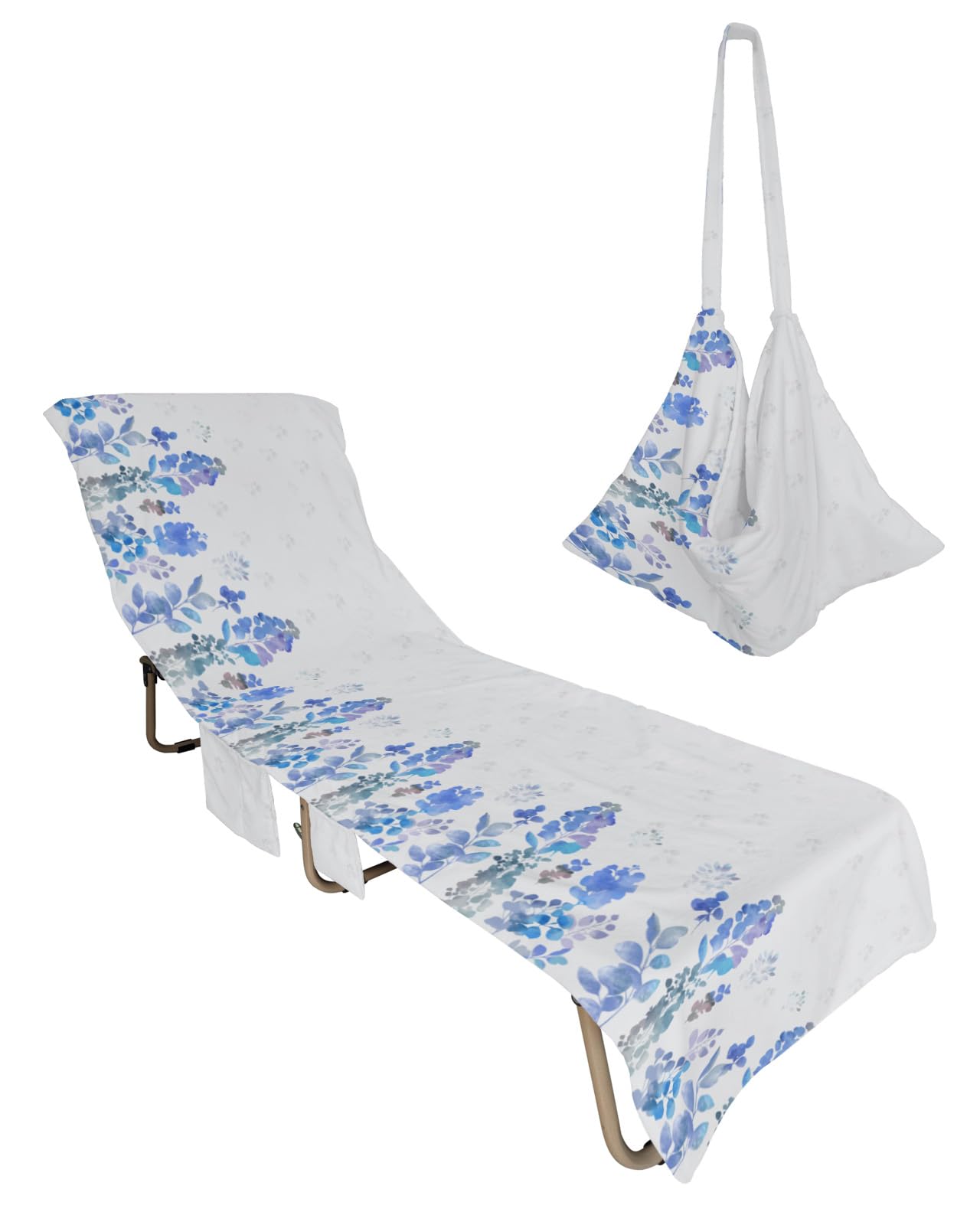 Floral Botanical Beach Chair Towel Covers for Chaise Lounge with Side Pocket, Soft Plush Pool Towels Cover for Patio Sunbathing Outdoor 29''x85'' Vintage Watercolor Flower Leaves Garden Herbs