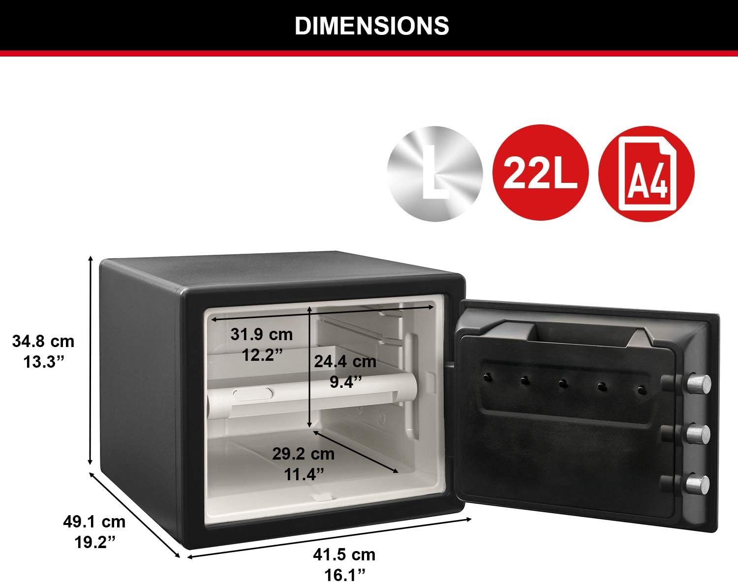 Diagram showing the exterior and interior dimensions of the Master Lock LFW082FTC safe.