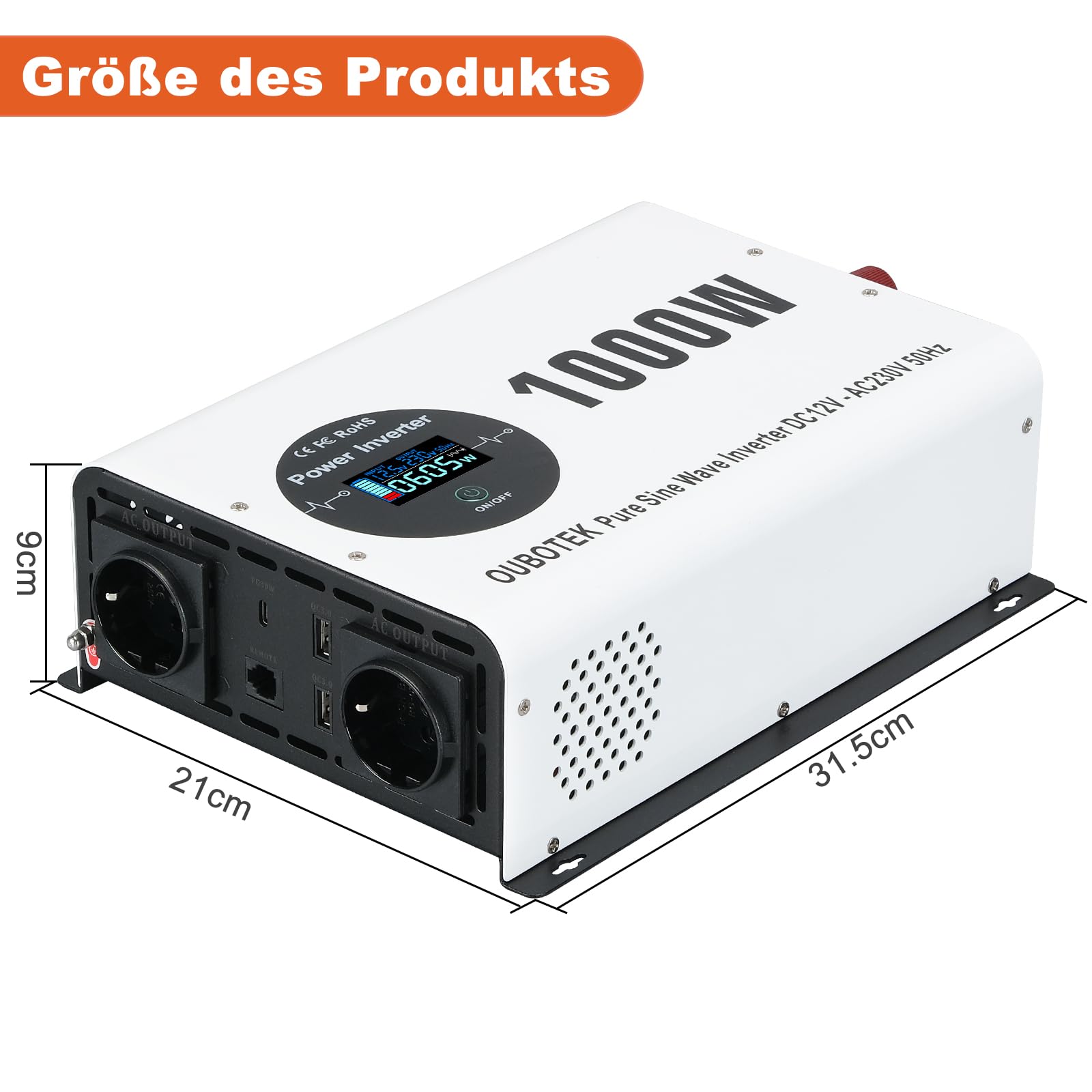 Wechselrichter 1000W / 2000W Reiner Sinus DC 12V auf AC 230V mit Drahtloser Fernbedienung LCD-Anzeige 2 AC-Steckdosen 2 USB A und 1 Type C, spannungswandler für Wohnmobil Zuhause Off Grid