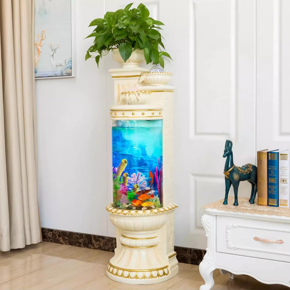 MegLob Acuario De Columna Romana Antigua, Tanque De Pescado Retro De Piso, Acuario De Agua Que Fluye Multifuncional, Dispositivo De Niebla De Agua, Agua De Estilo Europeo De La Vieja Escuela