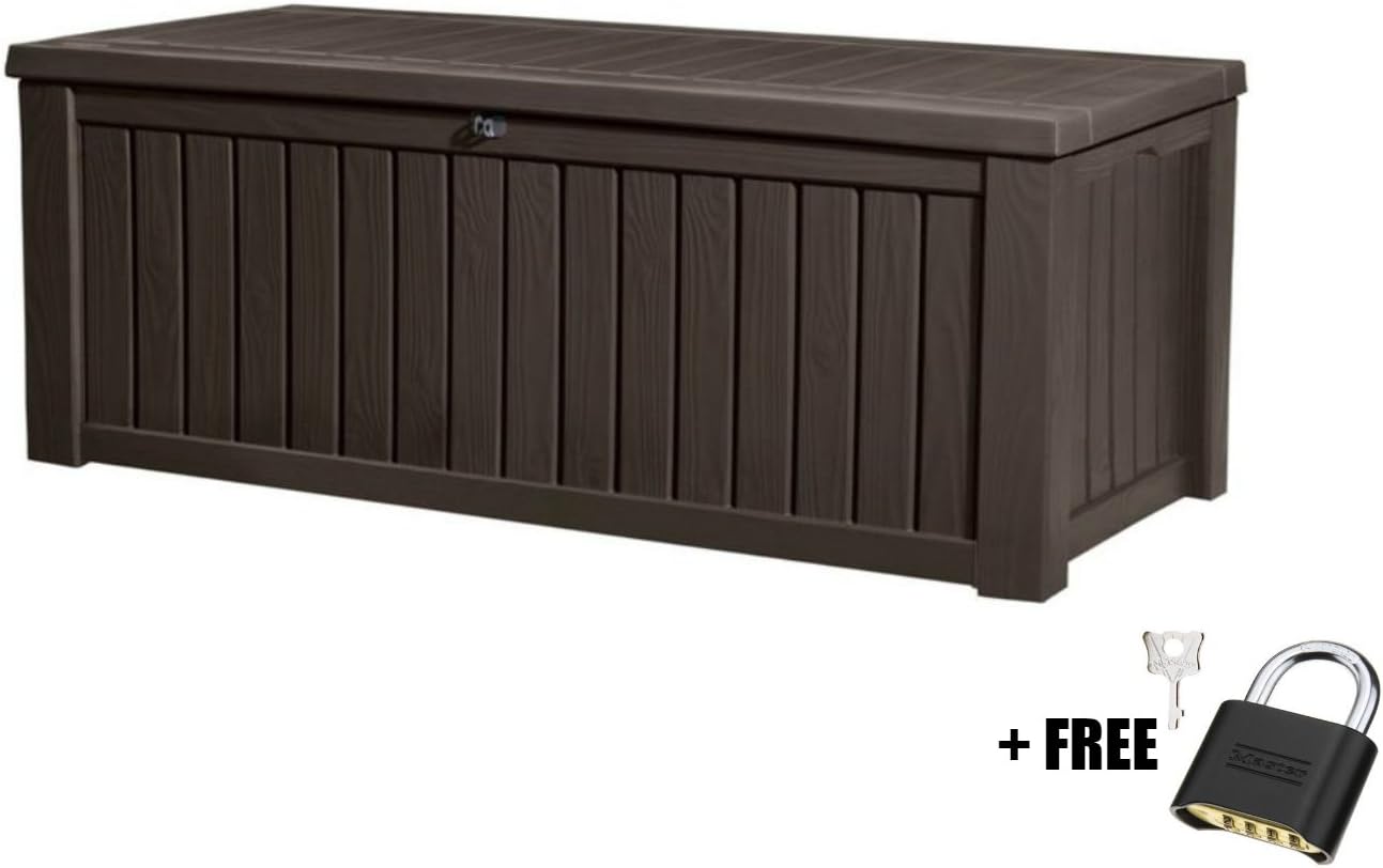 Deck Box Wood Panel Plastic 150-Gallon Brown Storage with Free Combination Keypad