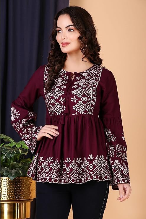 Image of MAHIRA'S Women's Short Kurti, Black Rayon Tunic Top with Embroidered Sleeves, 3 /4 Designer Sleeves
