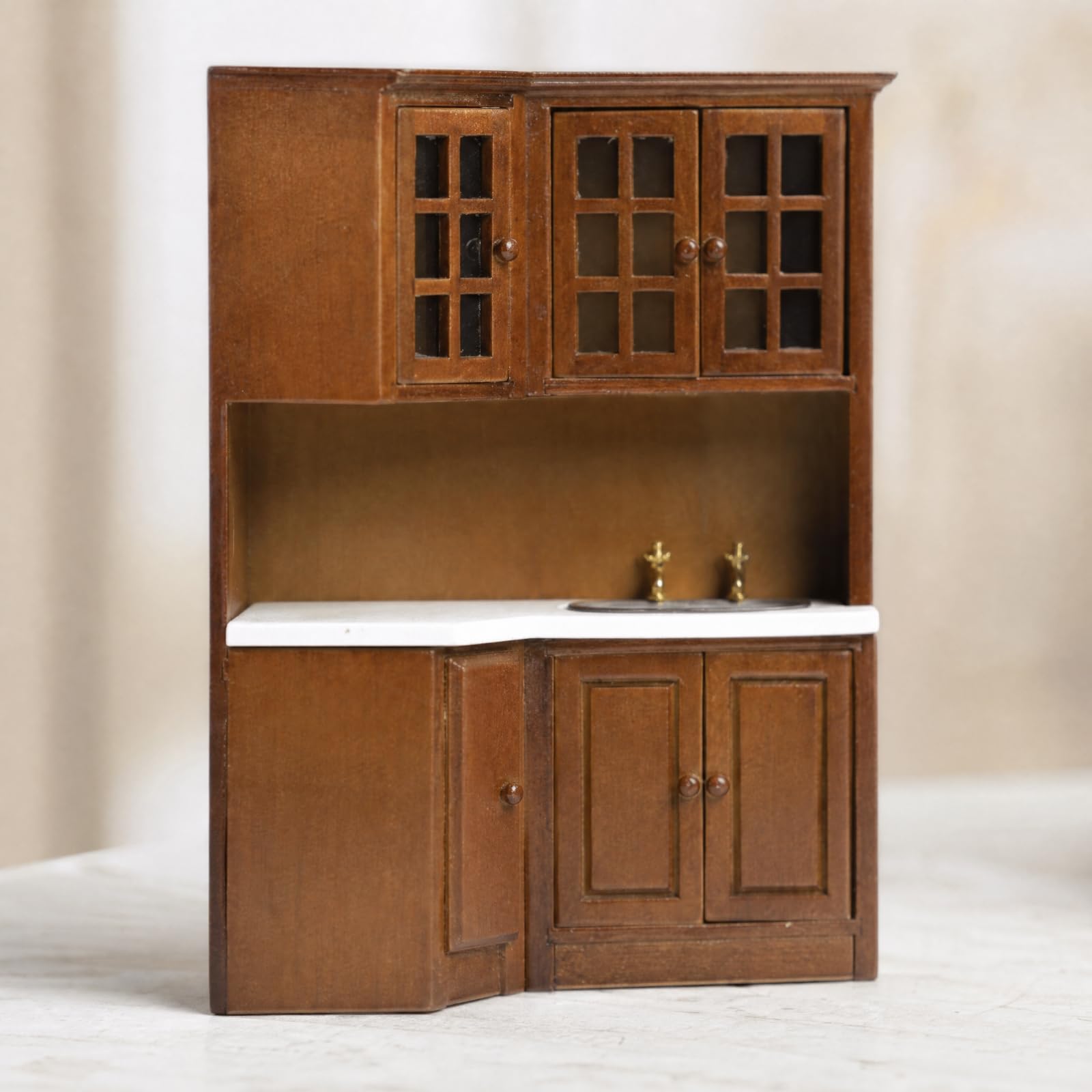 Armadietto da in Miniatura Compatto Armadietto da in Betulla 1:12 con Lavello e Rubinetti Fatto a Mano per Hobbisti Del Modellismo, Bianco