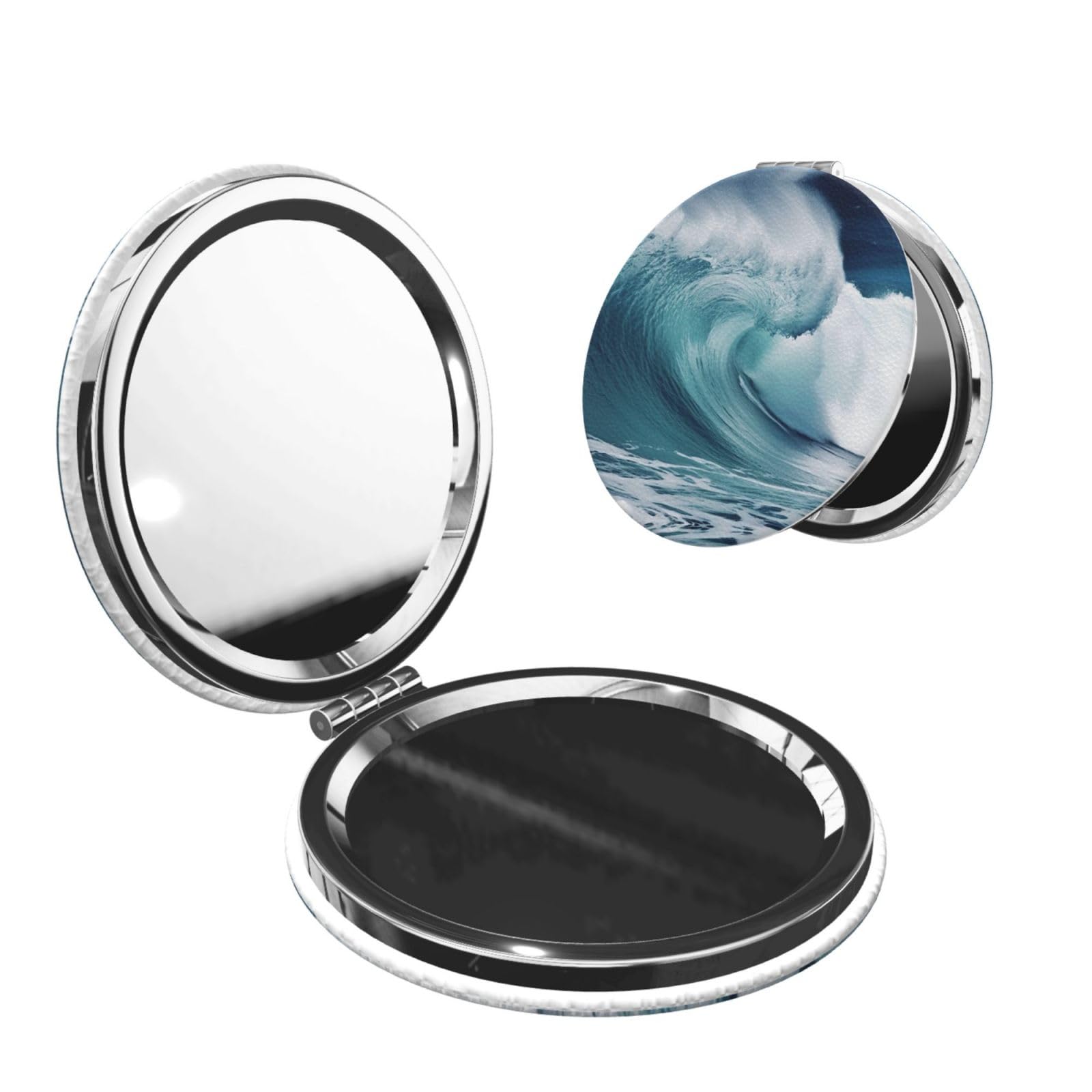 LZQPOEAS Ocean Waves Compact Mirror for Purse, Pu Leather Travel Makeup Mirror with 2X/1X Magnification, Foldable Cosmetic Mirrors, Portable Small Handheld Beauty Mirror for Woman Girls