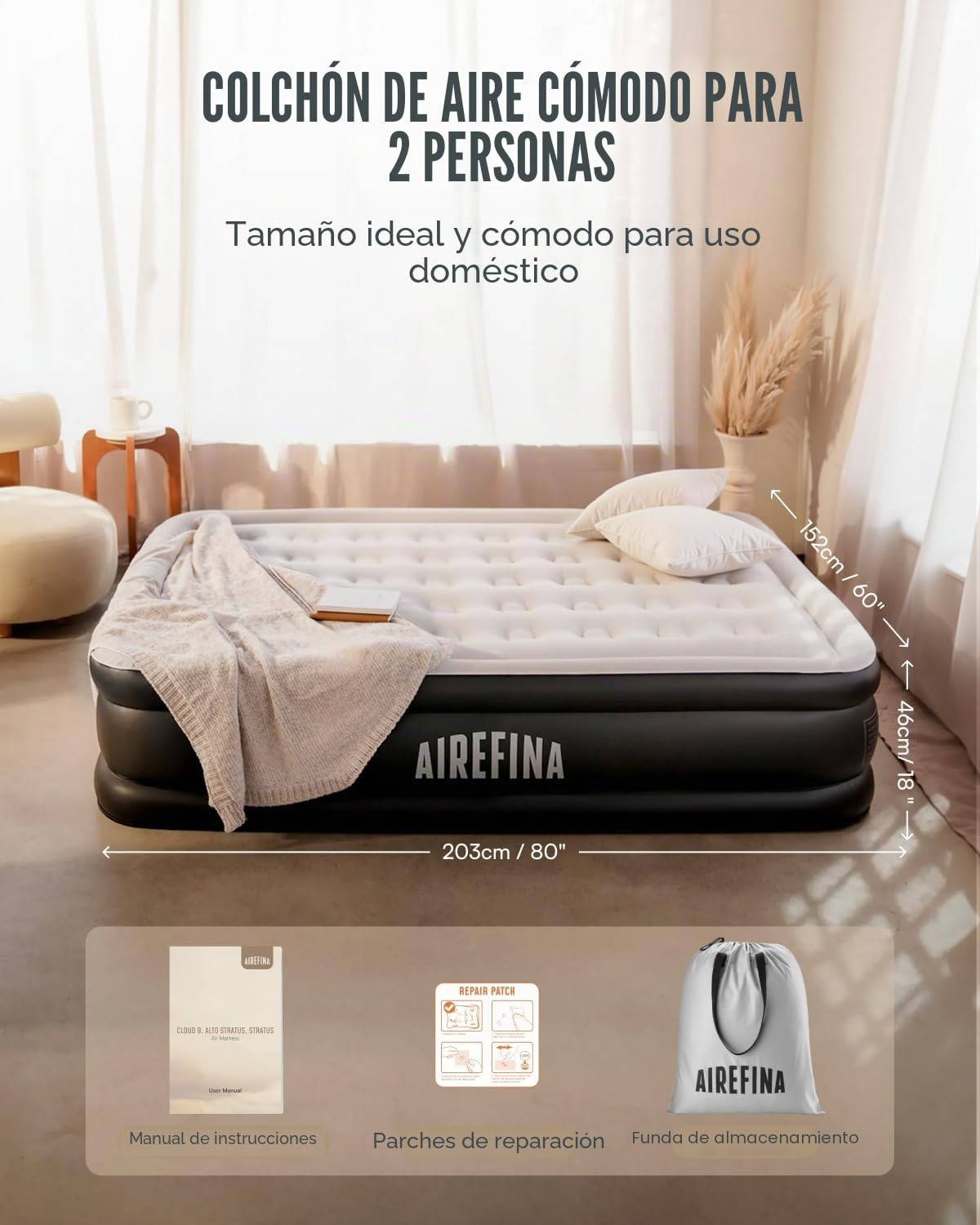 Airefina Colchón Hinchable Matrimonio, Colchon Hinchable con Bomba Integrada, Colchon Inflable para Uso doméstico y de Invitados, Cama Inflables Cómodo 152 x 203 x 46 cm,Máx 340KG,Cama Matrimonial