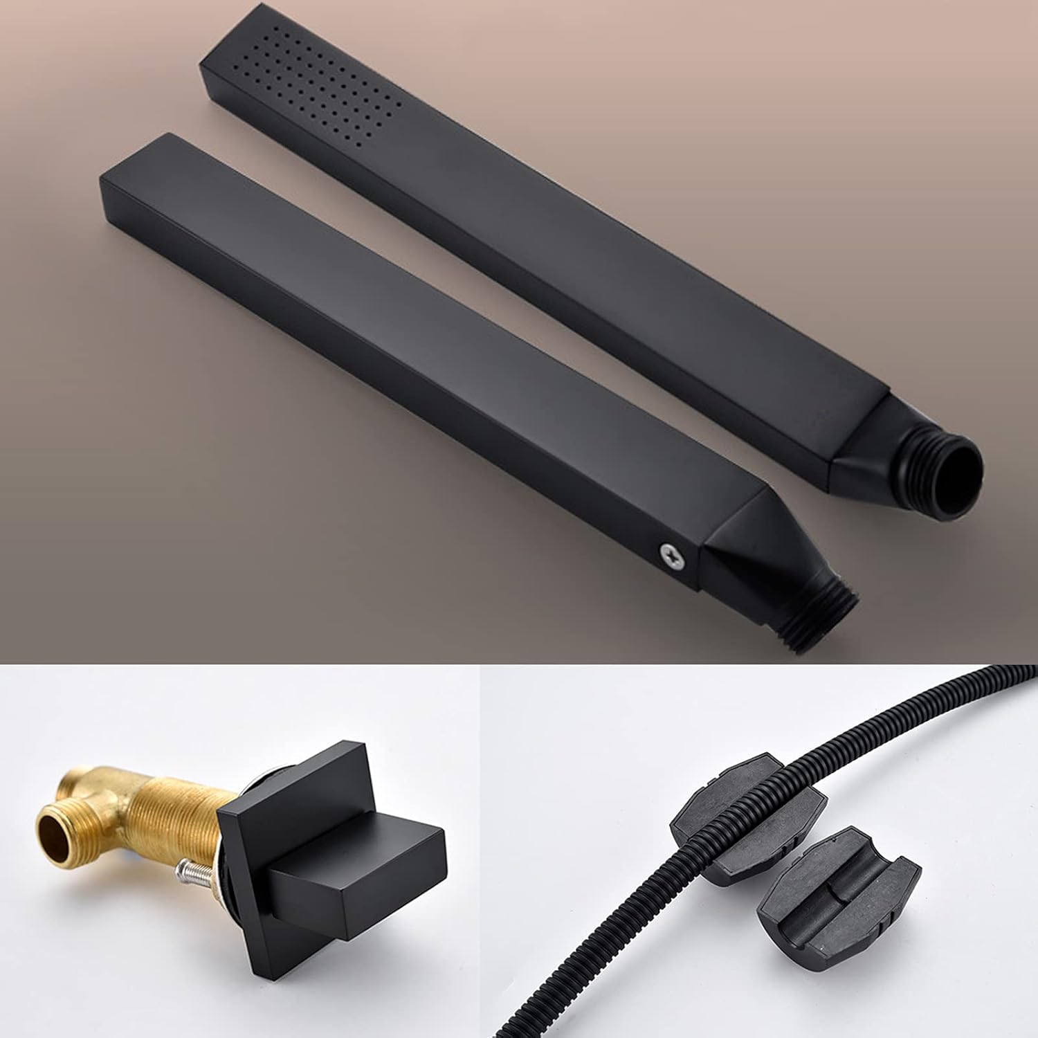 Black Bathtub Faucet, Bathroom Hot and Cold Water Mixer Tap, Split Basin Faucet, Copper 4-Piece Set Square Shower Faucet with Pull-Out Shower, Paint Process