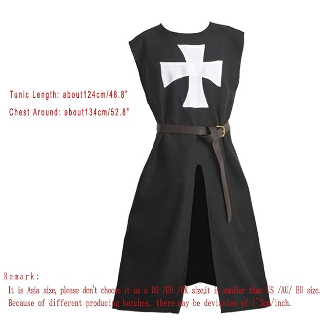 Foto 8 de 8 de BLESSUME Medievale templare Cavaliere Tunica Mantello Cintura Cosplay Costume Impostato (Negro 1)
