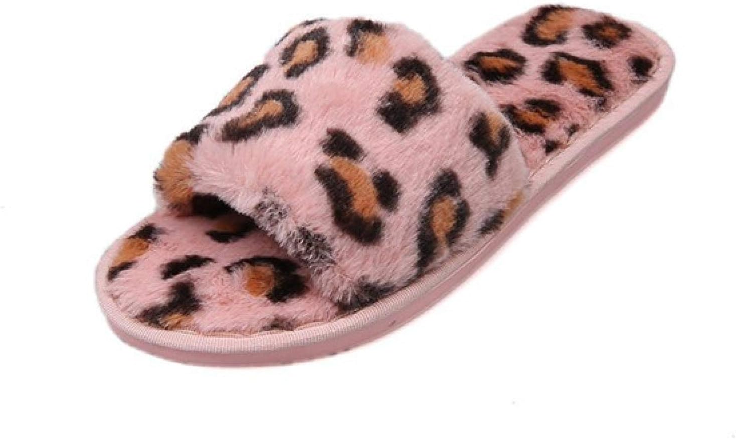EaiizerXHBYG Women Slides for Bedroom, Female Slides Leopard Slippers, Anti Slip Plush Slippers, Winter Home Slippers with Faux Fur Shoes, Slip on Flats Slippers 9 Pink