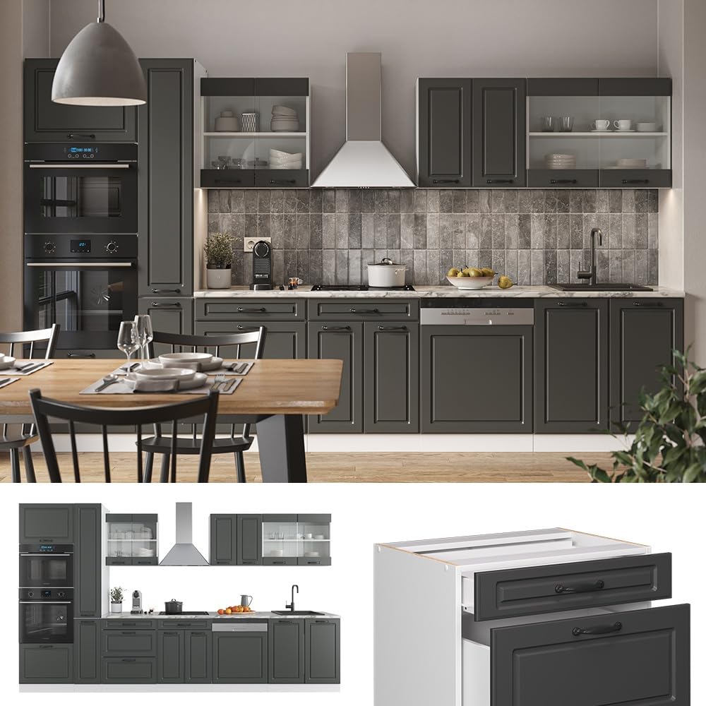 Vicco Küchenzeile R-Line, Anthrazit Landhaus/Weiß, 350 cm | mit Hochschrank, ohne Arbeitsplatte, zur individuellen Anordnung und Erweiterung geeignet